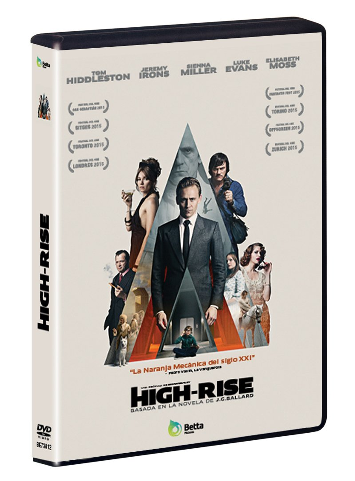 Portada de DVD con actores. Tom Hiddleston, Jeremy Irons, Sienna Miller. El título de la película es High-Rise.