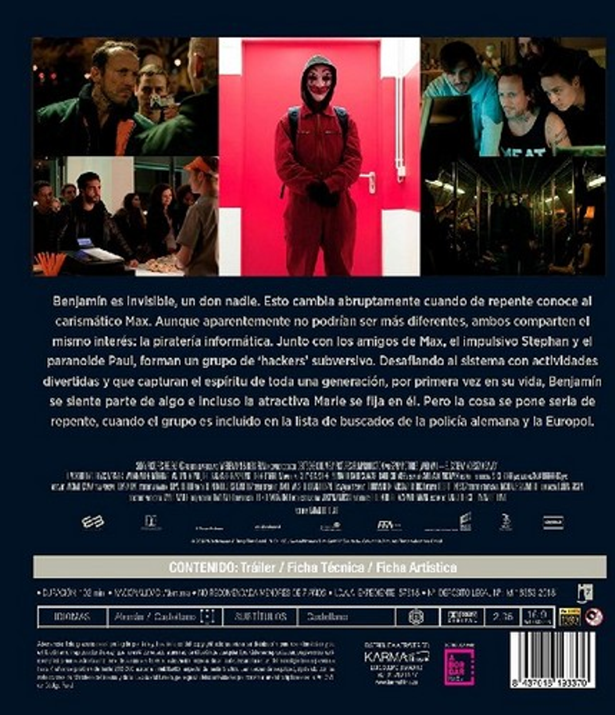 Contraportada de DVD de una película. Texto en español. Una mujer está acostada. Fotos de personas están en el fondo.