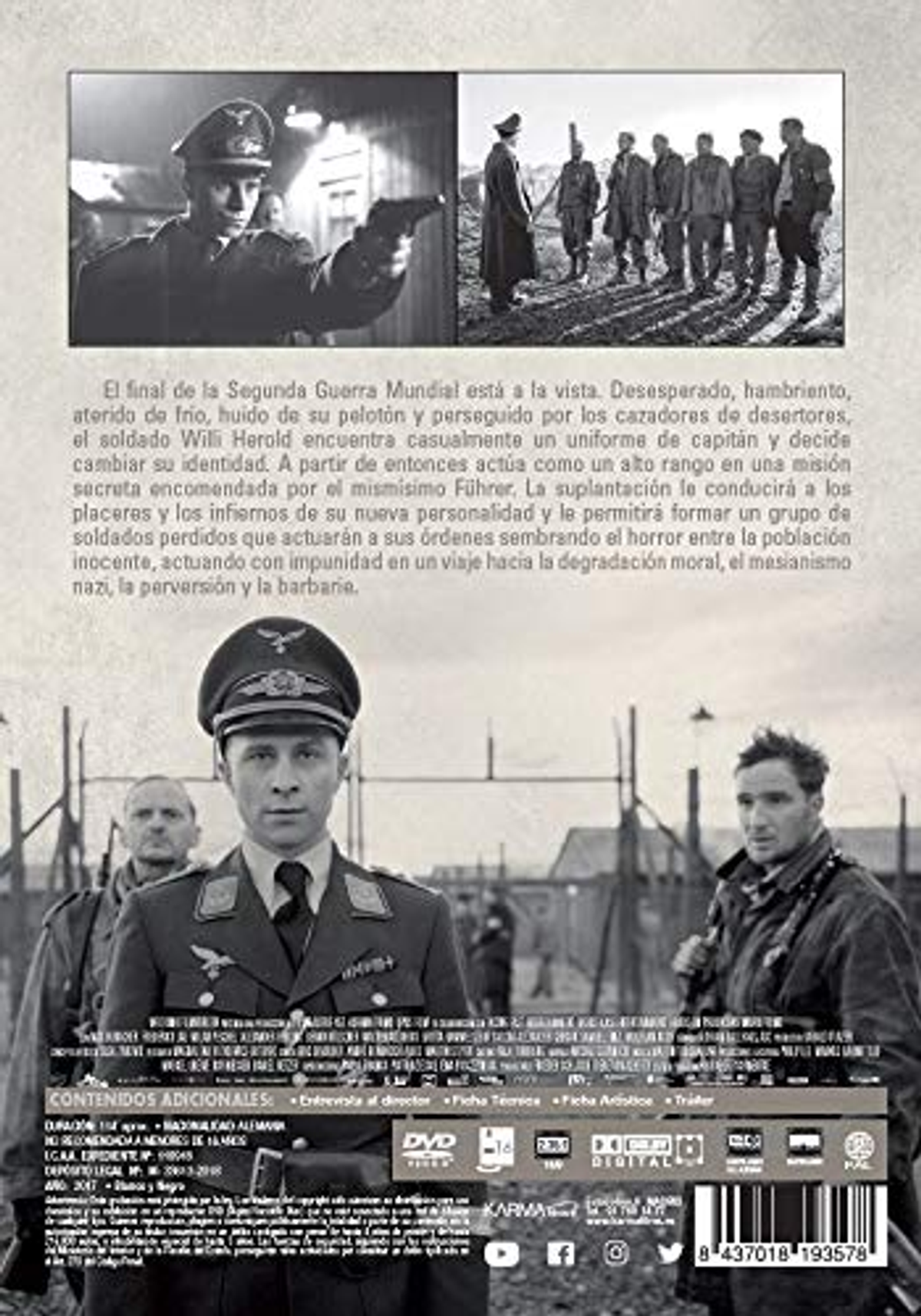 Contraportada del DVD. Imágenes de soldados. Texto en español sobre el fin de la II Guerra Mundial. Blanco y negro.