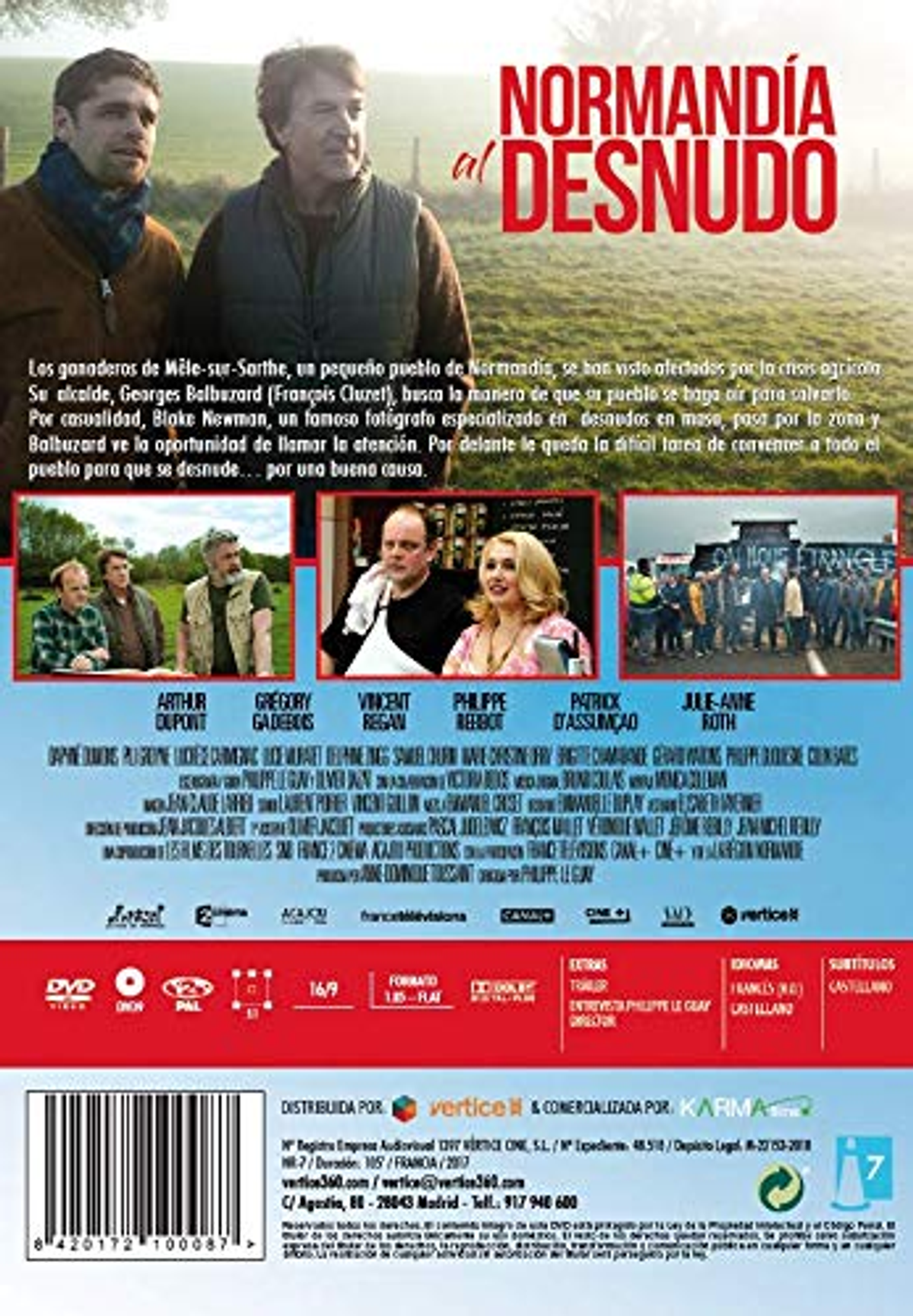 Contraportada de DVD de Normandía al desnudo. Tiene varias personas y descripciones.