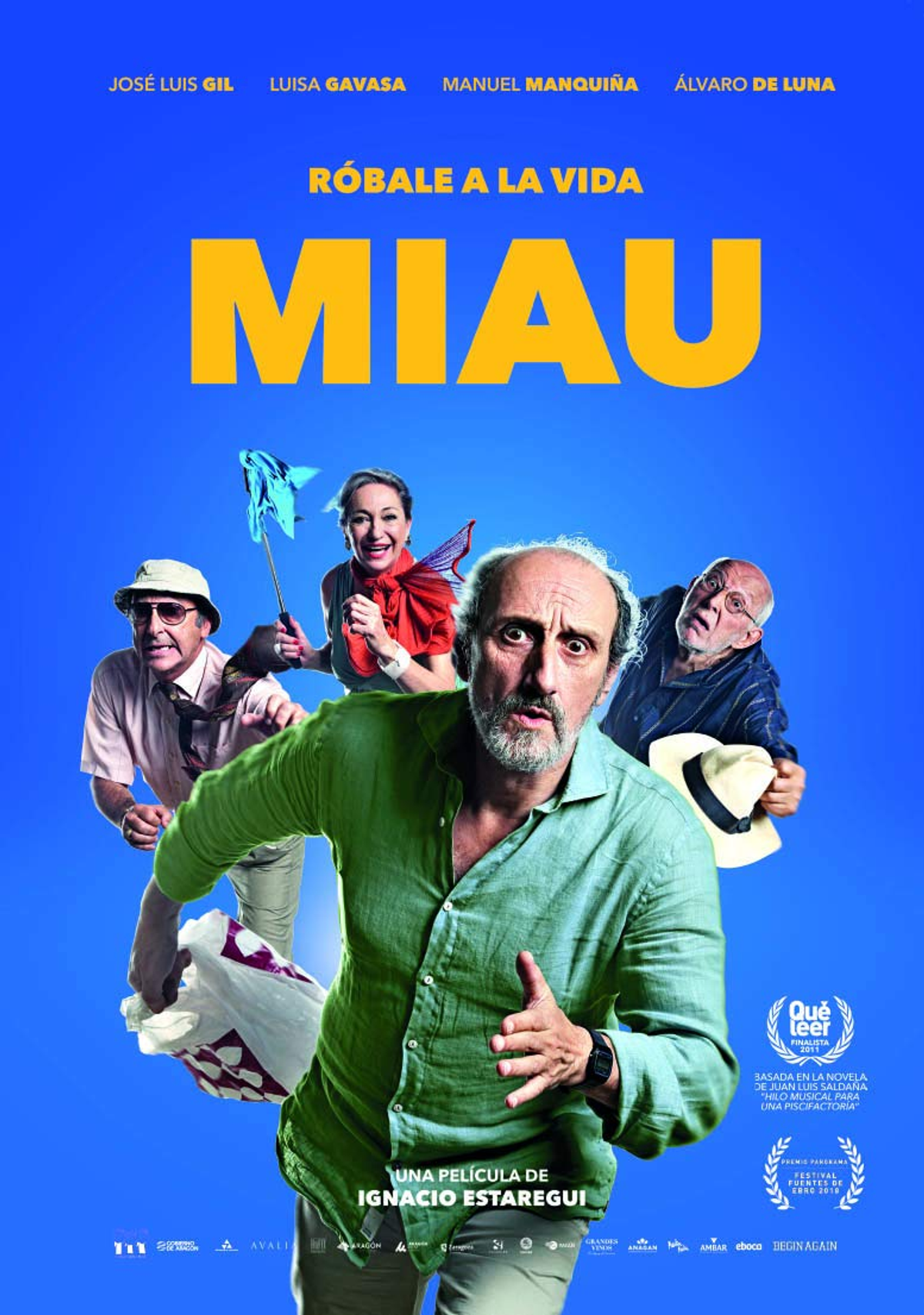 Cartel de la película: Miauu. Varias personas mirando al espectador, fondo azul.
