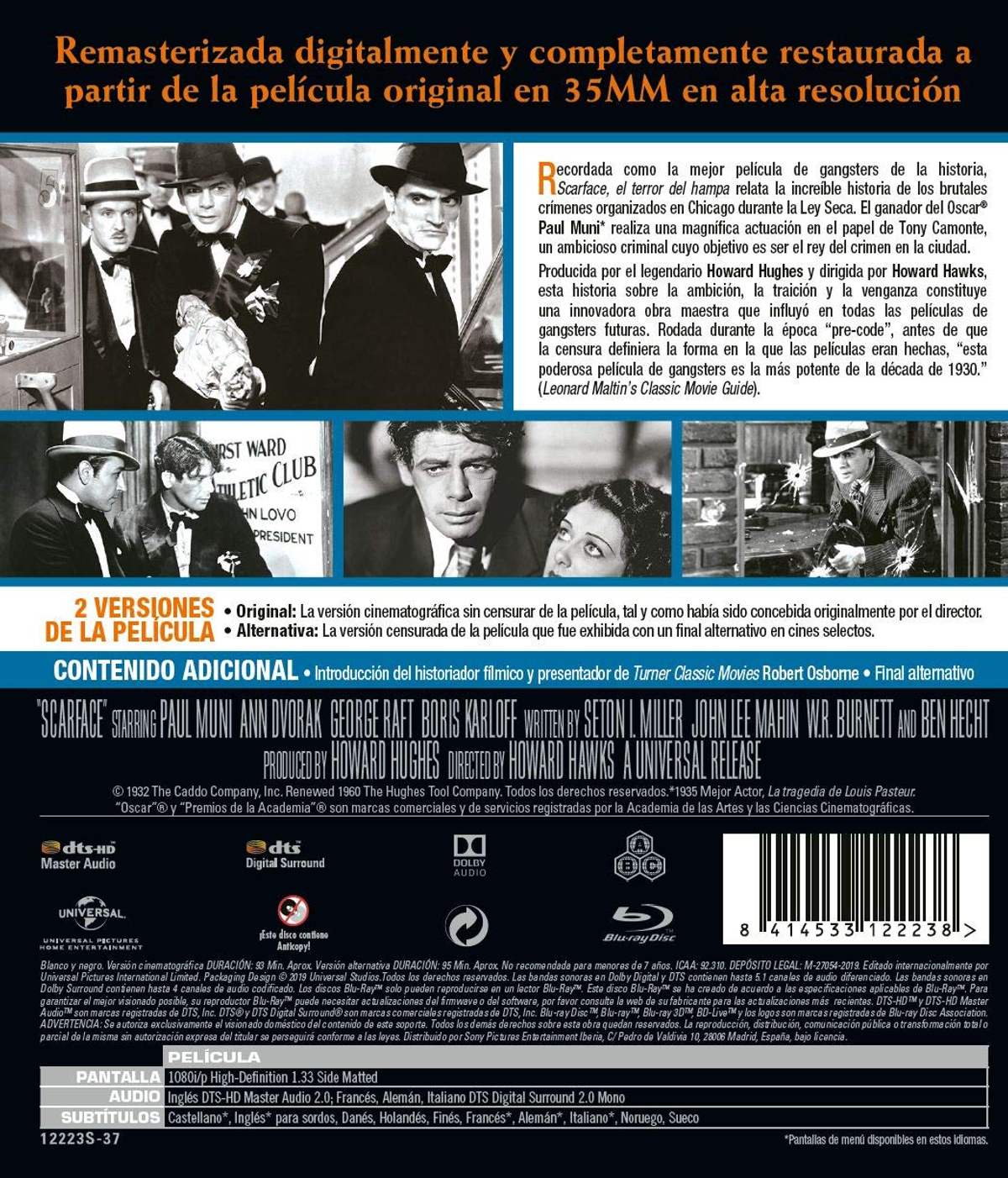 Portada de DVD de la película 'Scarface'. Presenta un grupo de hombres en trajes y un coche antiguo.