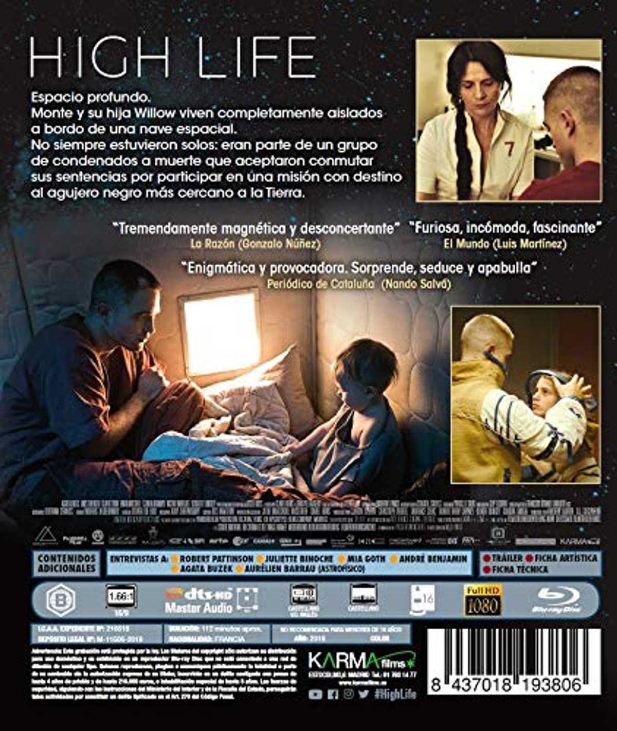 Contraportada del DVD con actores y el título de la película High Life. Hay varias citas escritas en la parte posterior.