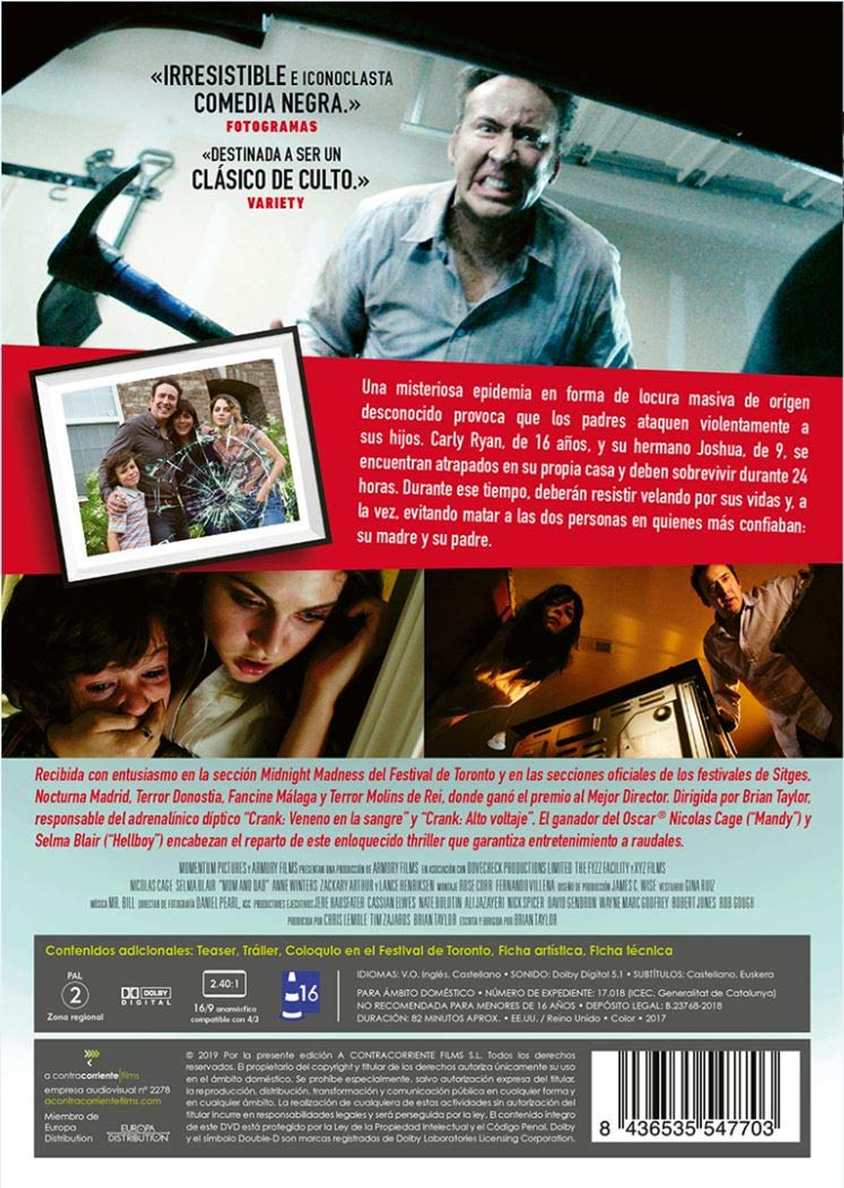 Portada de película. Un hombre furioso, una familia en una casa destruida y un título en rojo.