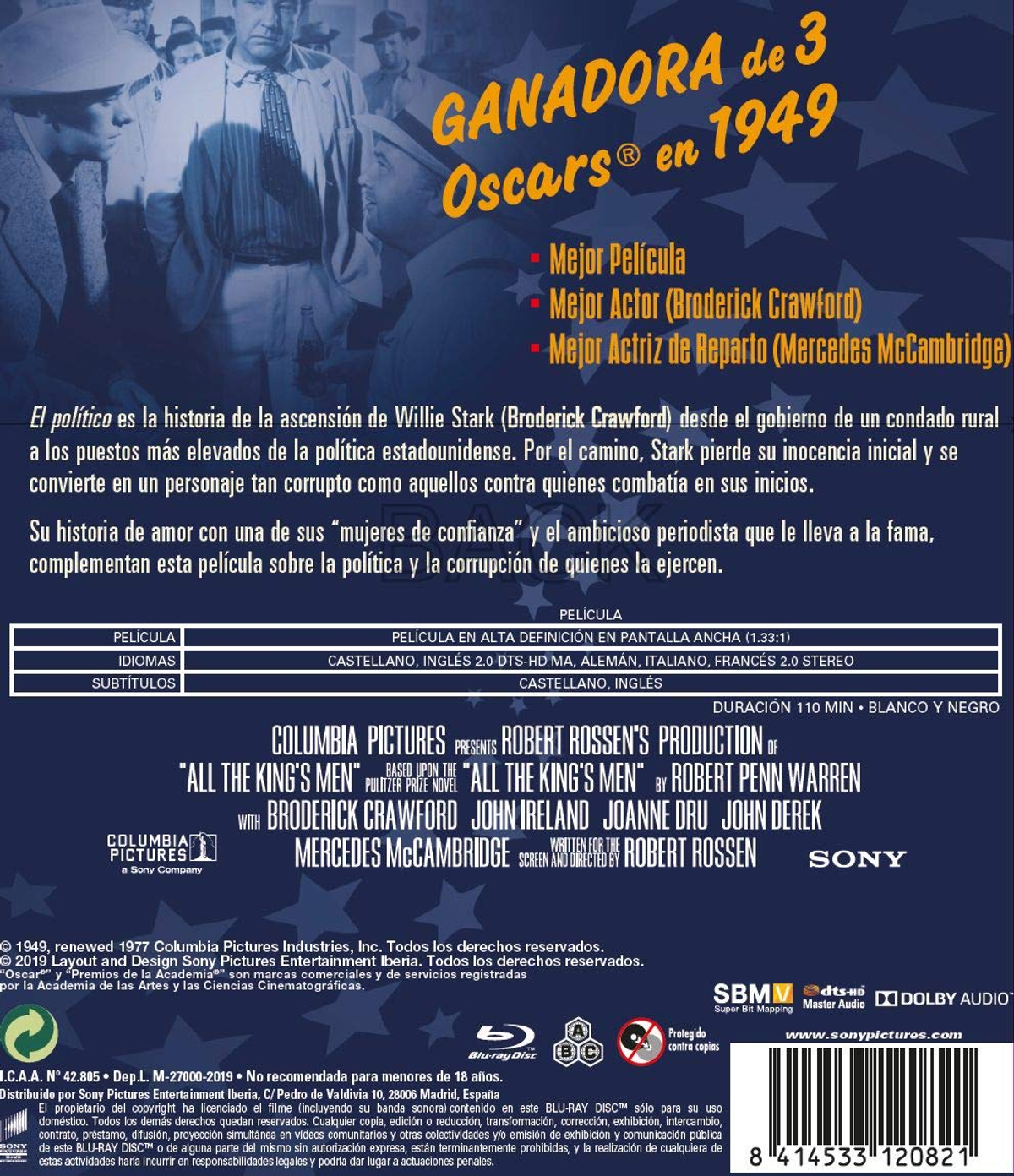 Una trasera de cartel de película en español, con texto e información sobre la película.