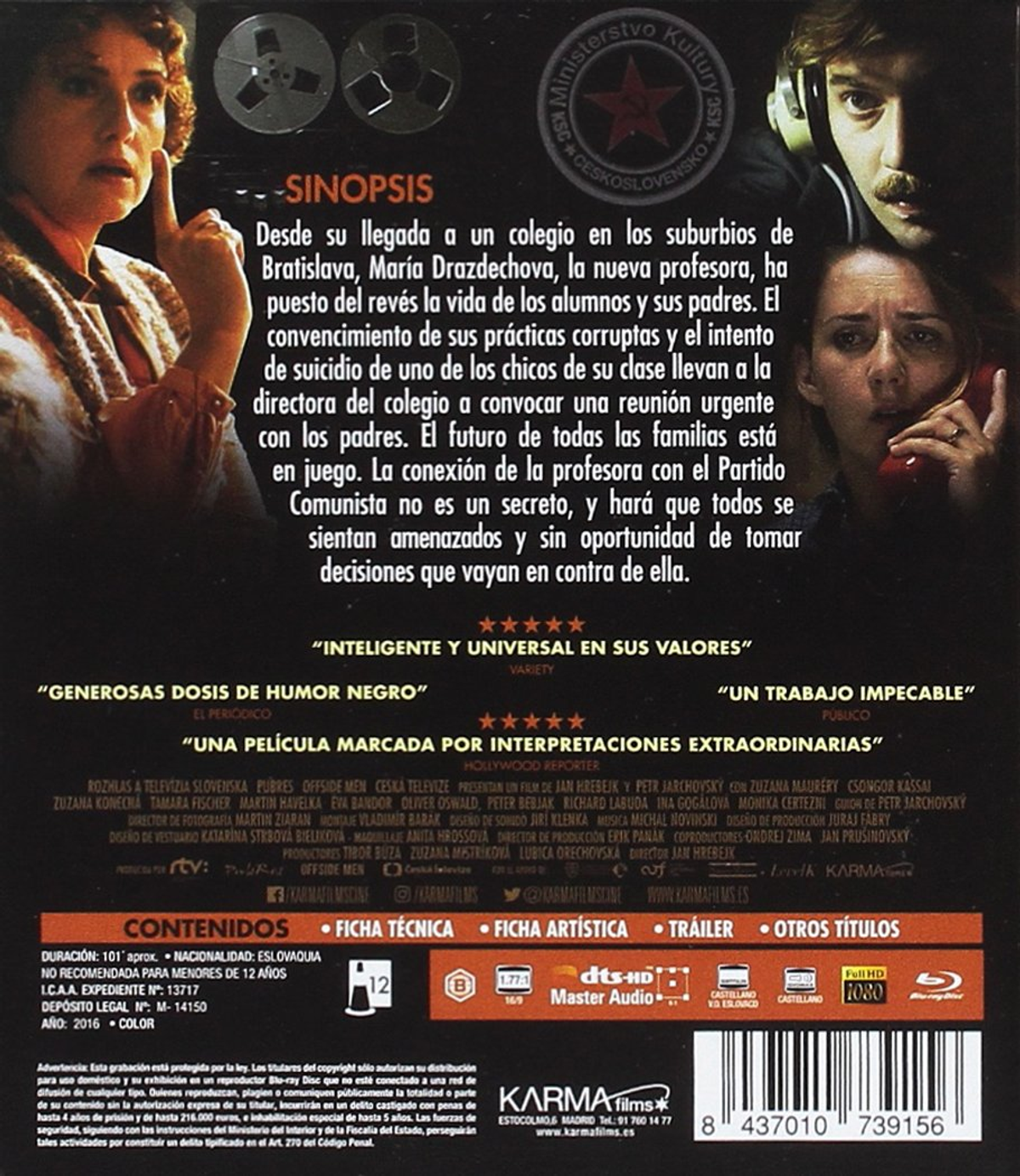 Parte trasera de una caja de DVD. Contiene texto e imágenes. Texto en español.