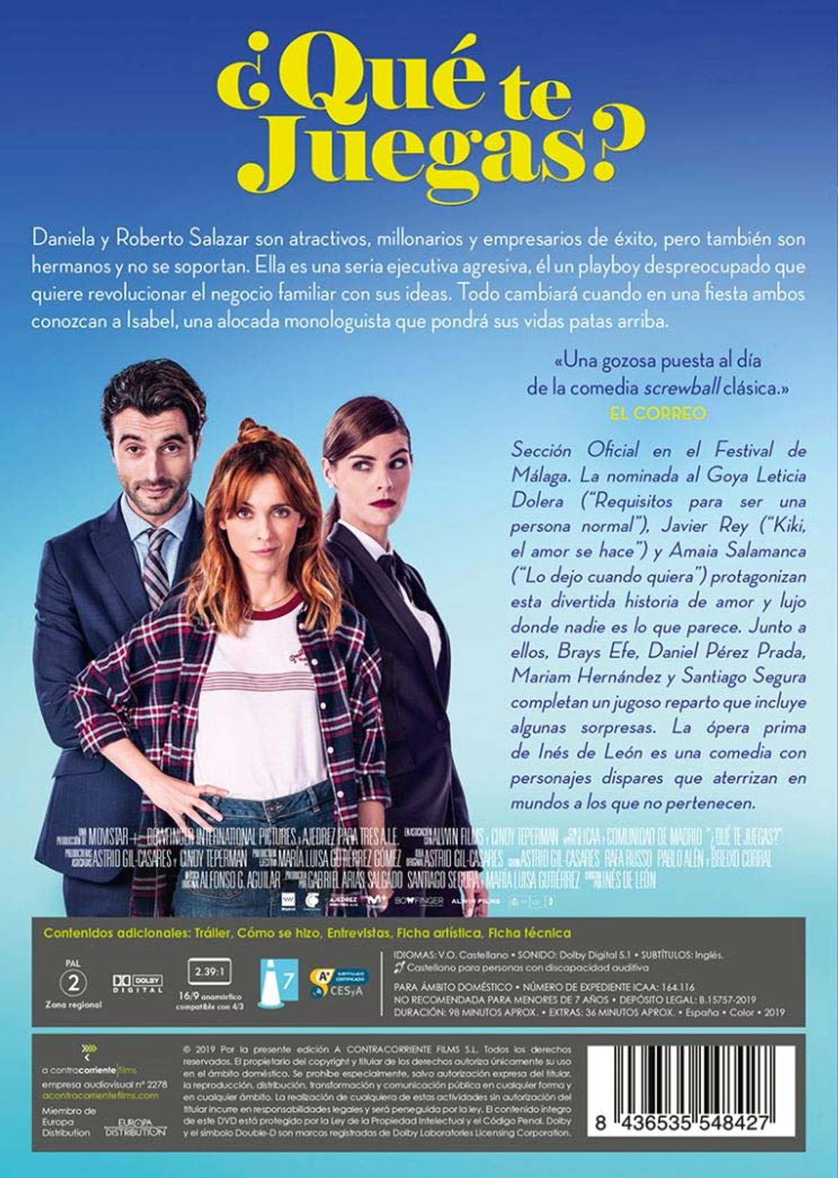 Portada de DVD con tres personas. Título: '¿Qué te juegas?'. Un hombre y dos mujeres.
