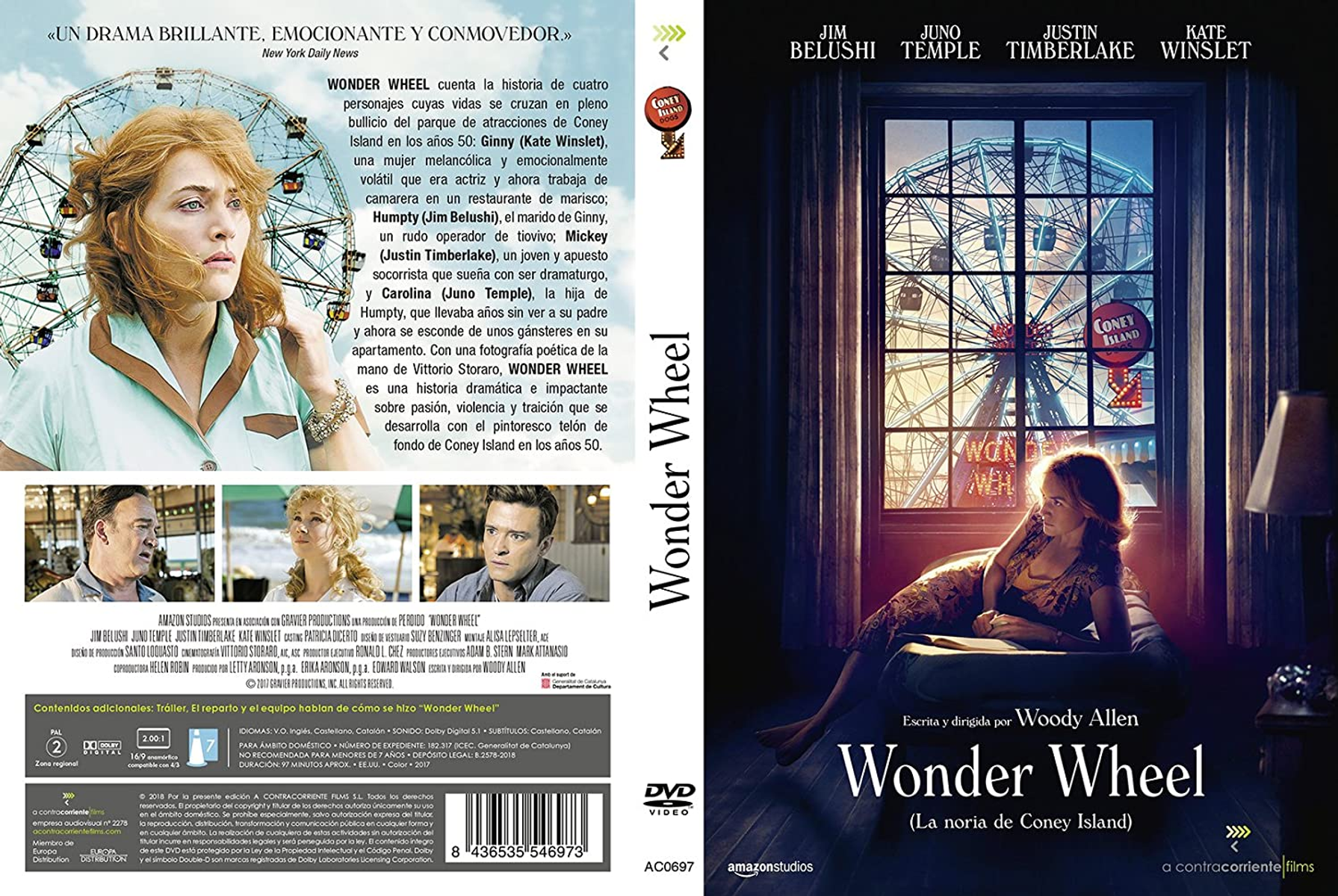 Portada de DVD Wonder Wheel. Mujer en cama, noria de fondo, texto y título.