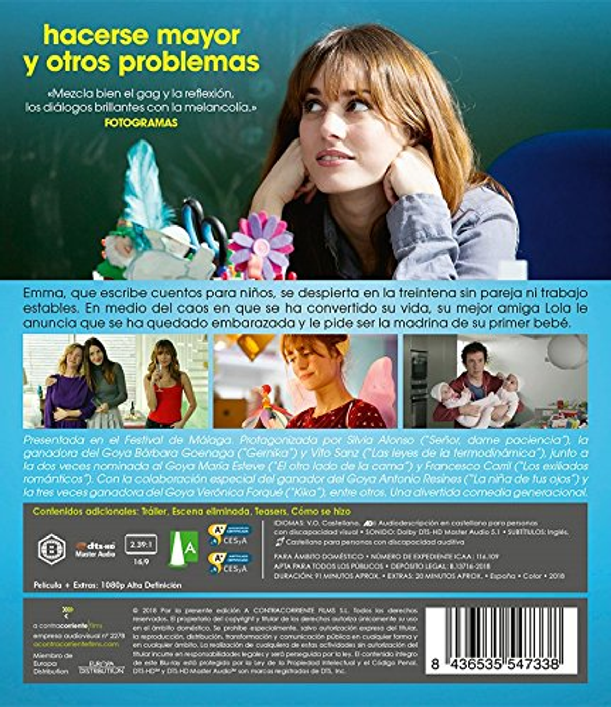 Portada de la película: Una mujer pensativa, título en español y objetos coloridos.