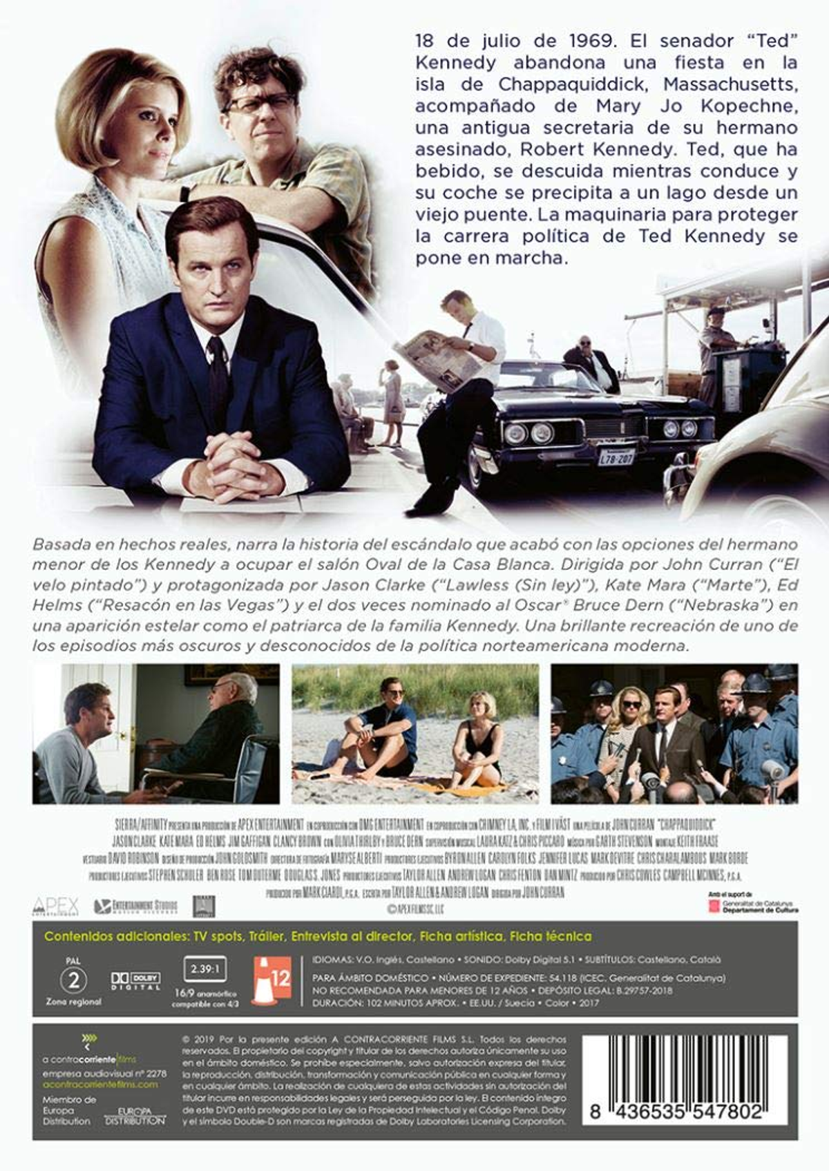 Parte trasera de una caja de DVD. Se ve a un hombre con traje y dos mujeres. Hay texto en la portada.