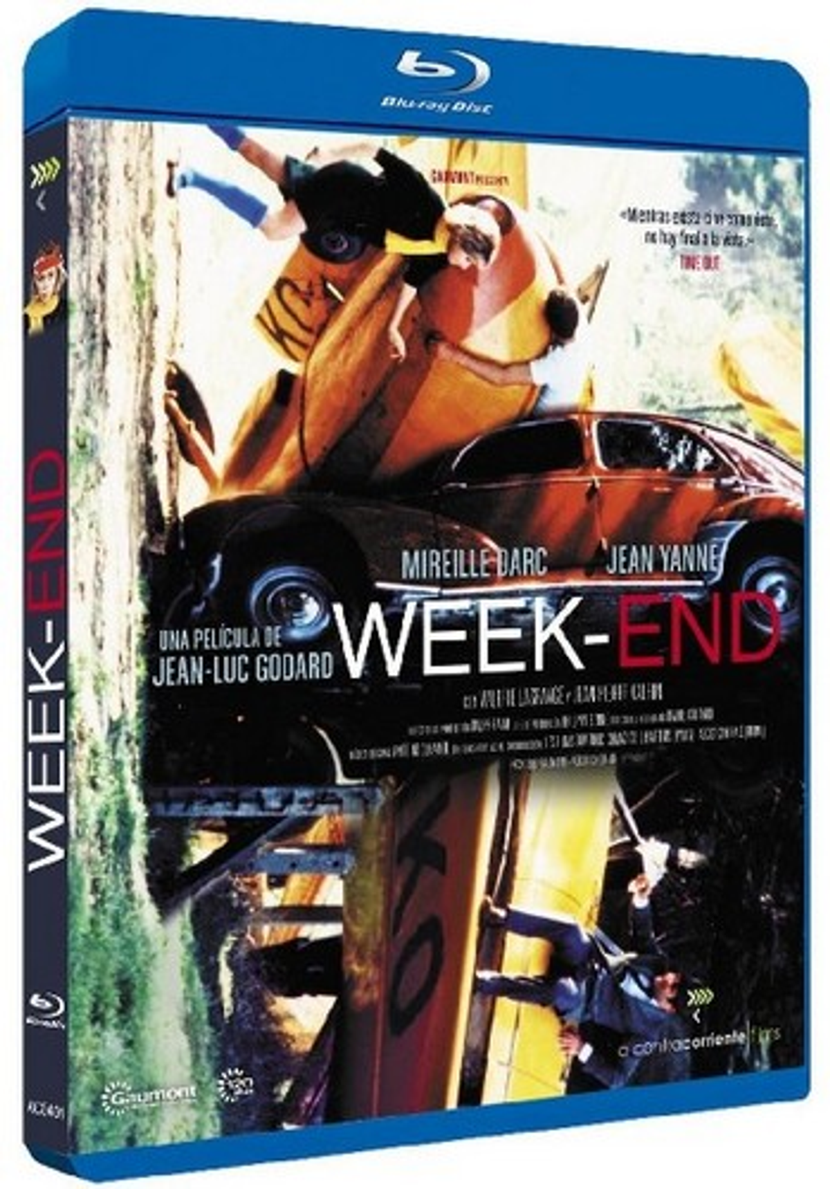 Portada de DVD: 'Week-End'. Un coche boca abajo y gente cayendo. El cielo es azul.