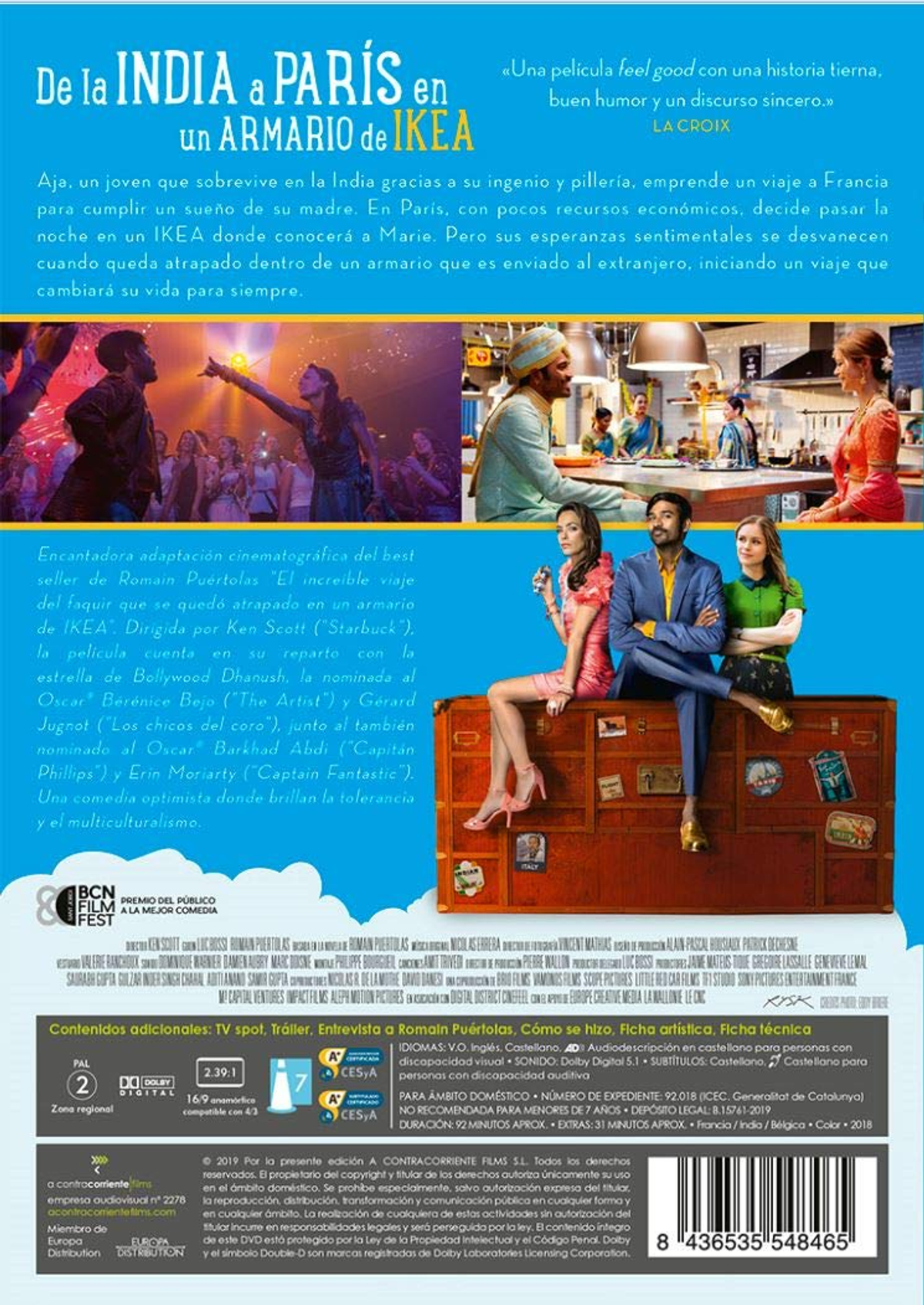 Contraportada de DVD: 'Un armario de IKEA en París'. Gente en una cocina. Texto en varios idiomas.