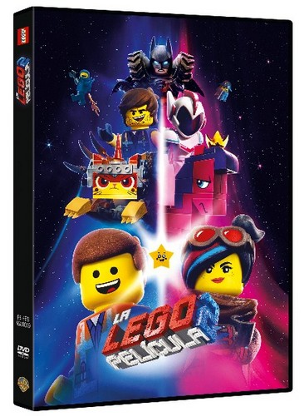 Portada de DVD con personajes de Lego. Texto: La Lego Película. Fondo: azul, rosa y morado.