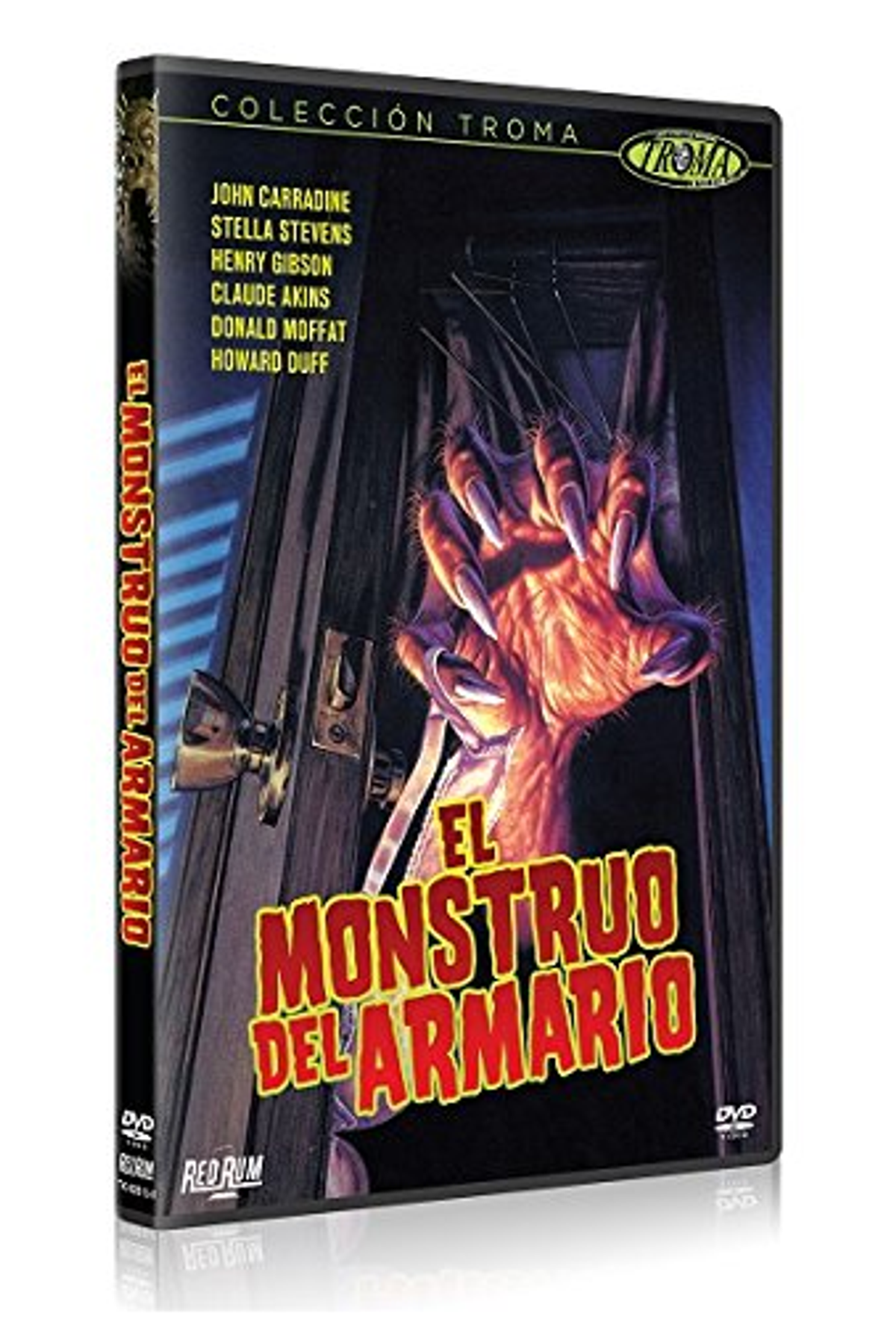 Portada de DVD. La mano de un monstruo sale de un armario. Texto: El Monstruo Del Armario.
