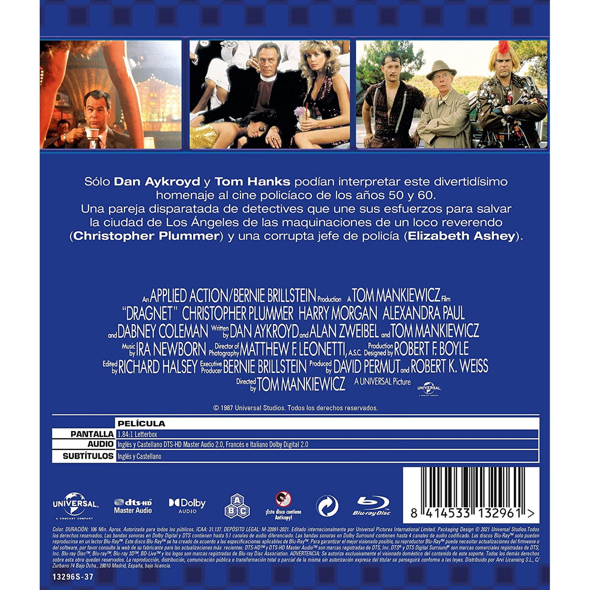 Parte trasera de una caja de DVD con actores y texto de la película 'Dragnet'.