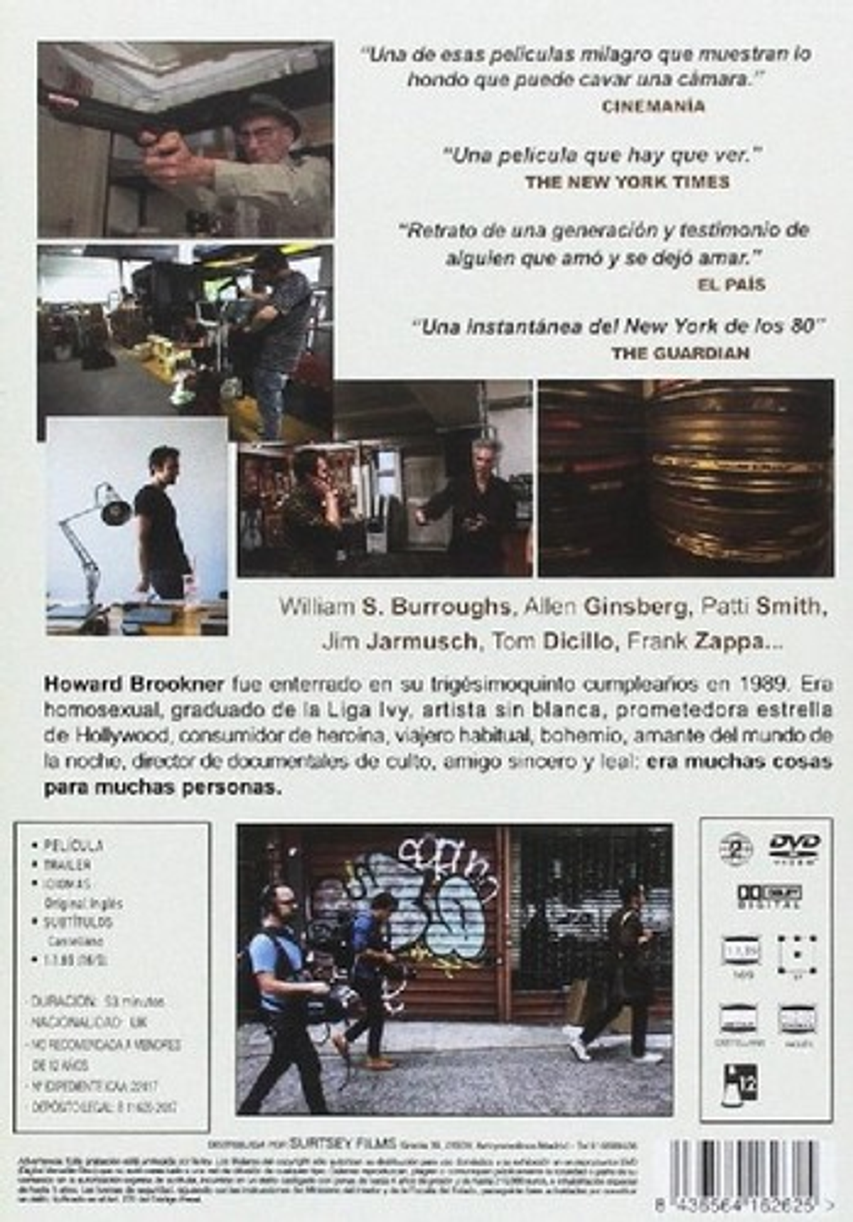 Contraportada de DVD. Personas con carretes de película, texto en español.