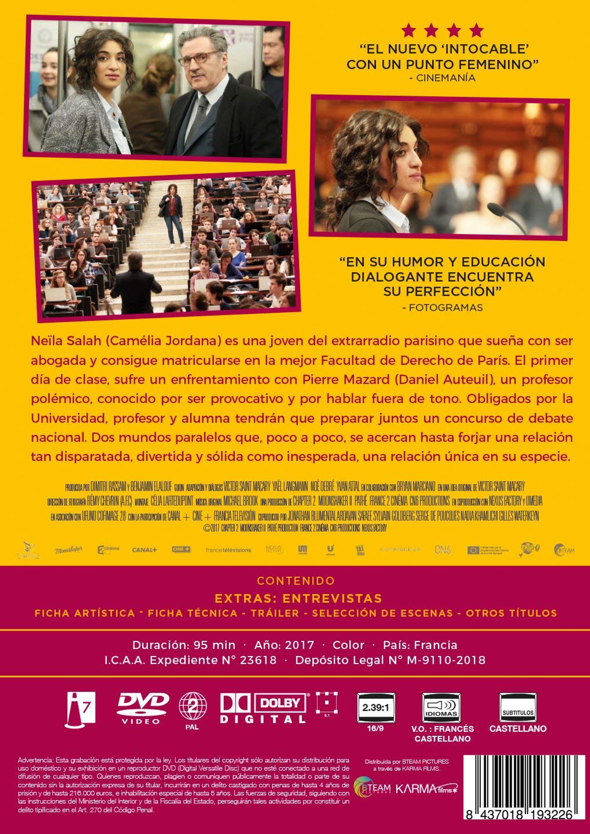 Contraportada de DVD de Le Brio. Tiene dos personas frente a frente, con texto.