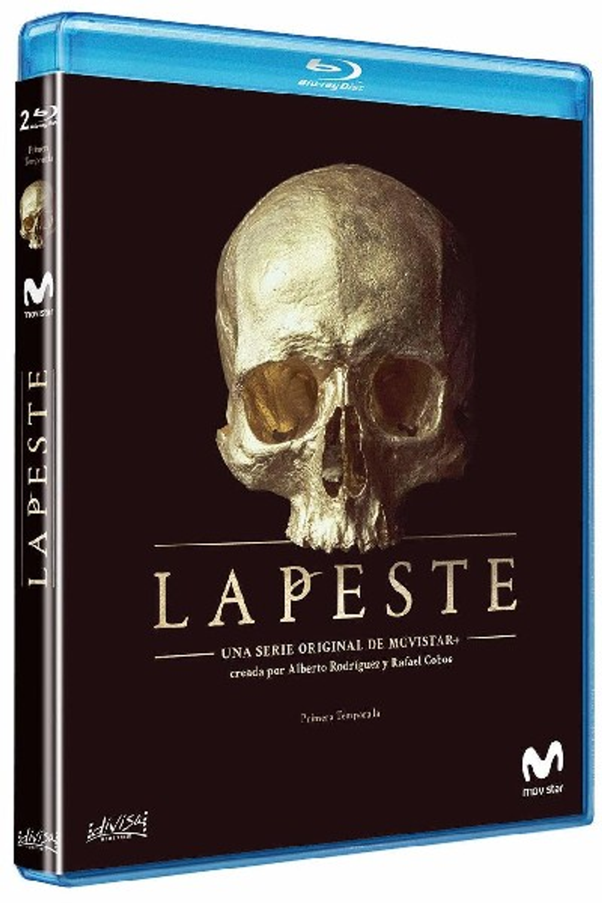 Disco Blu-ray con el título La Peste en español, con una calavera y fondo oscuro.