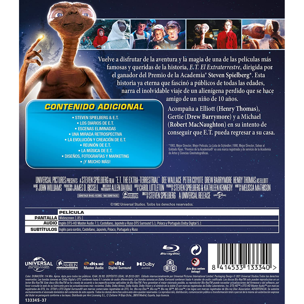Caja de película: E.T. el Extraterrestre en la contraportada con los actores principales.
