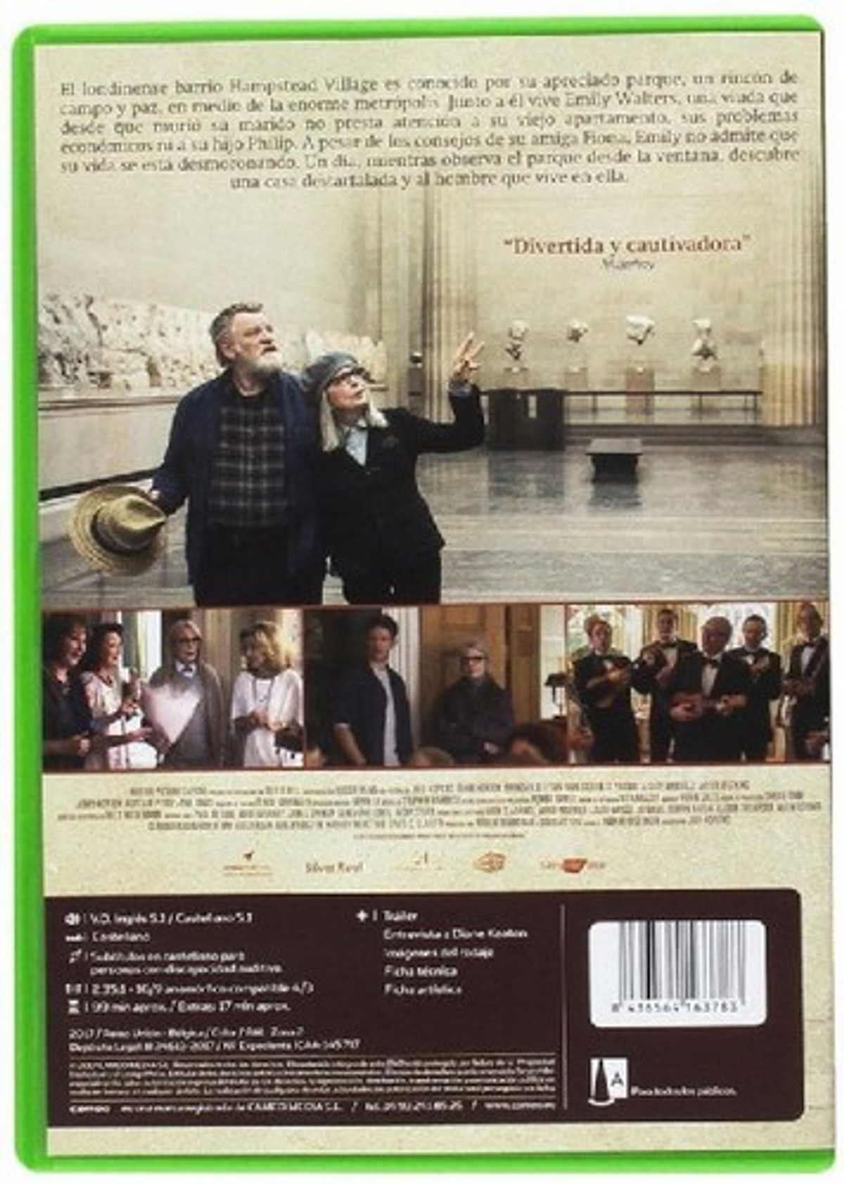 Contraportada de la película: dos hombres, una mujer, título: Hampstead, borde verde, texto sobre la película en español.