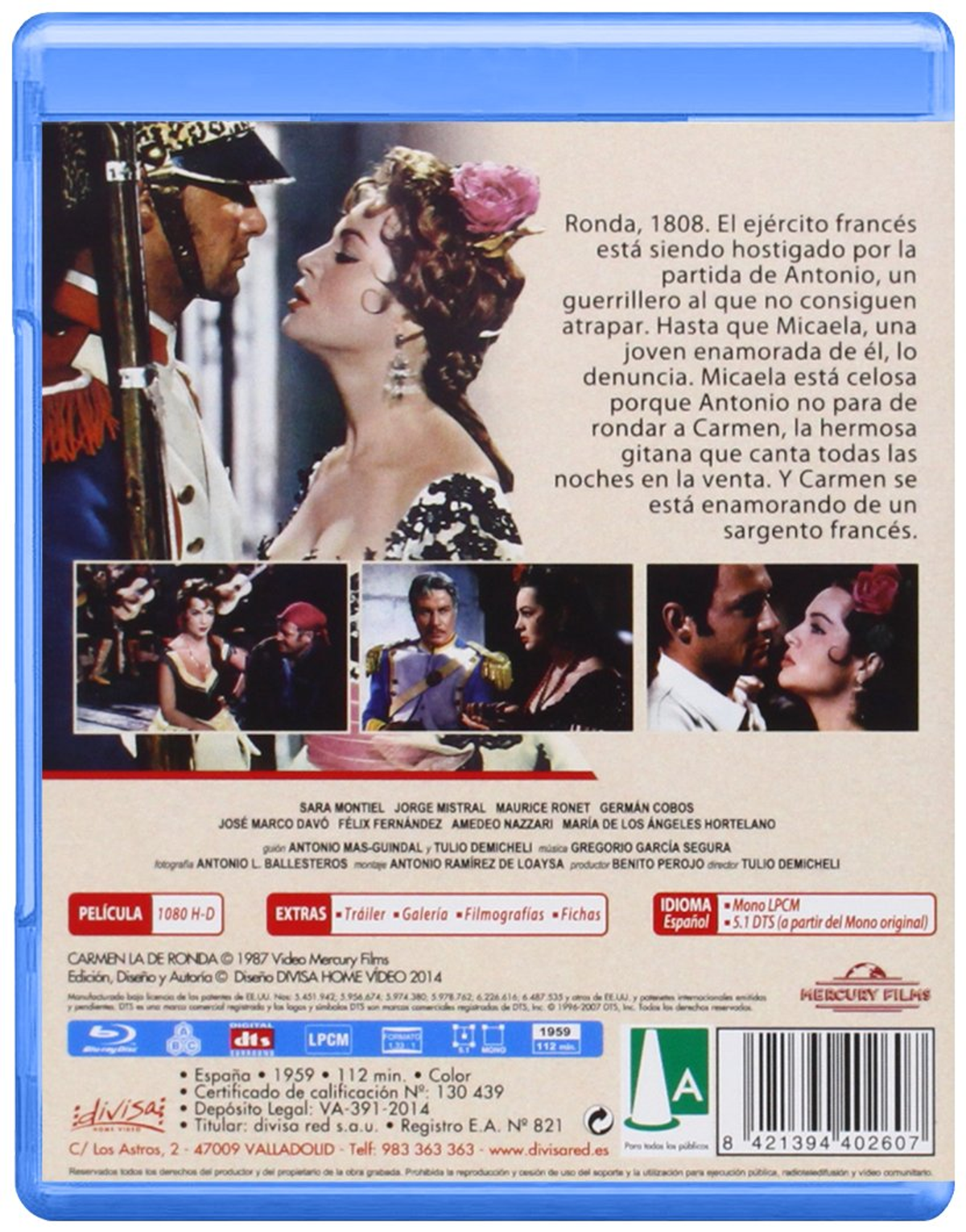 Cubierta de película: Una pareja en traje de época, con texto en español.