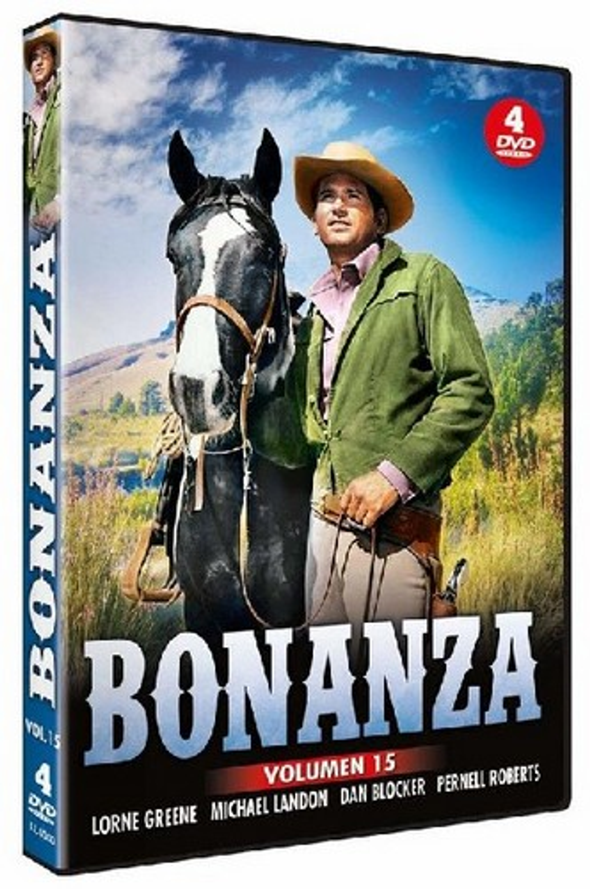 Portada DVD de 'Bonanza', un hombre a caballo, con un caballo blanco y negro y cielo azul.