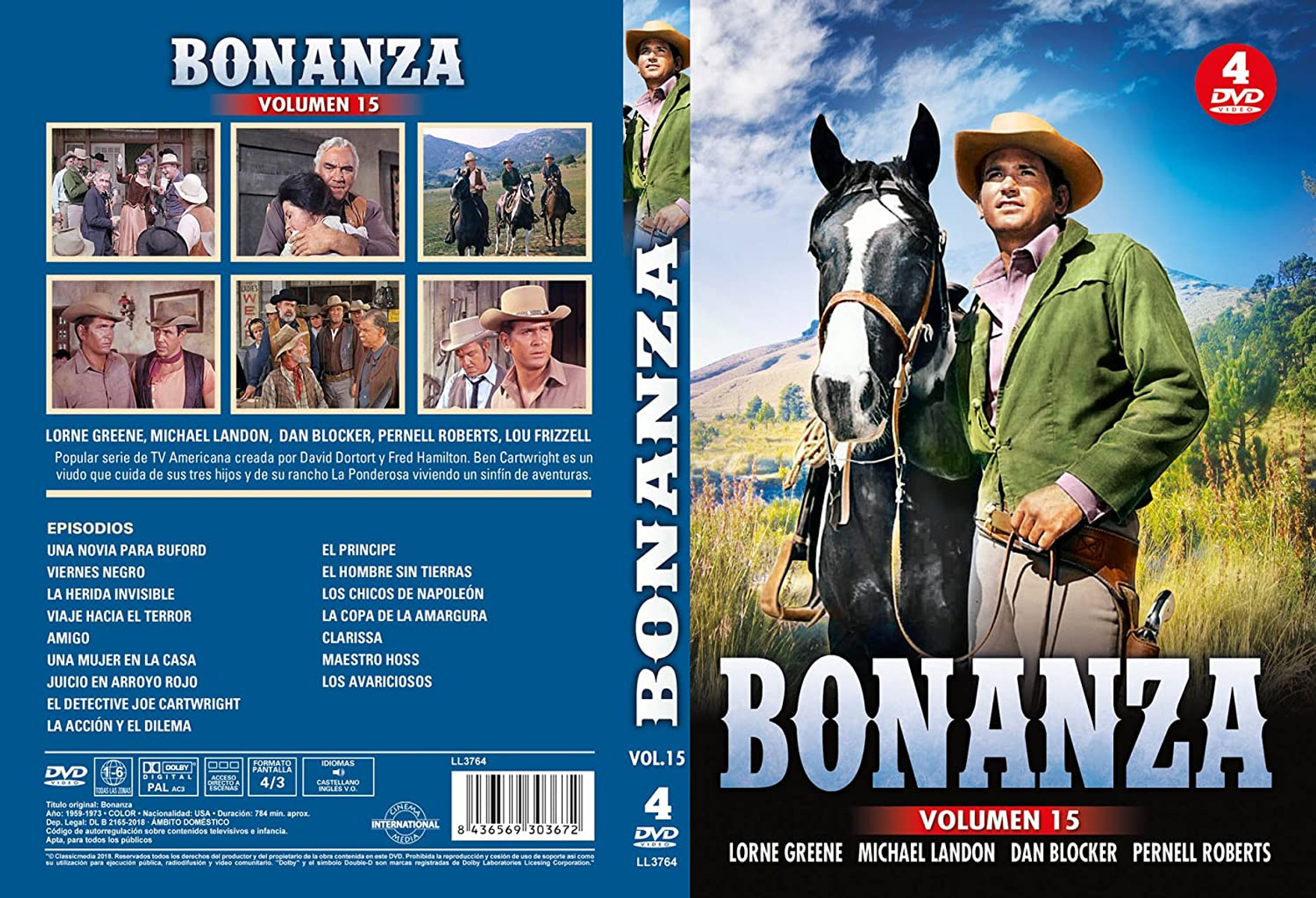 Portada de DVD de "Bonanza". Tema del oeste con actores y un caballo. Texto para el volumen y los episodios.