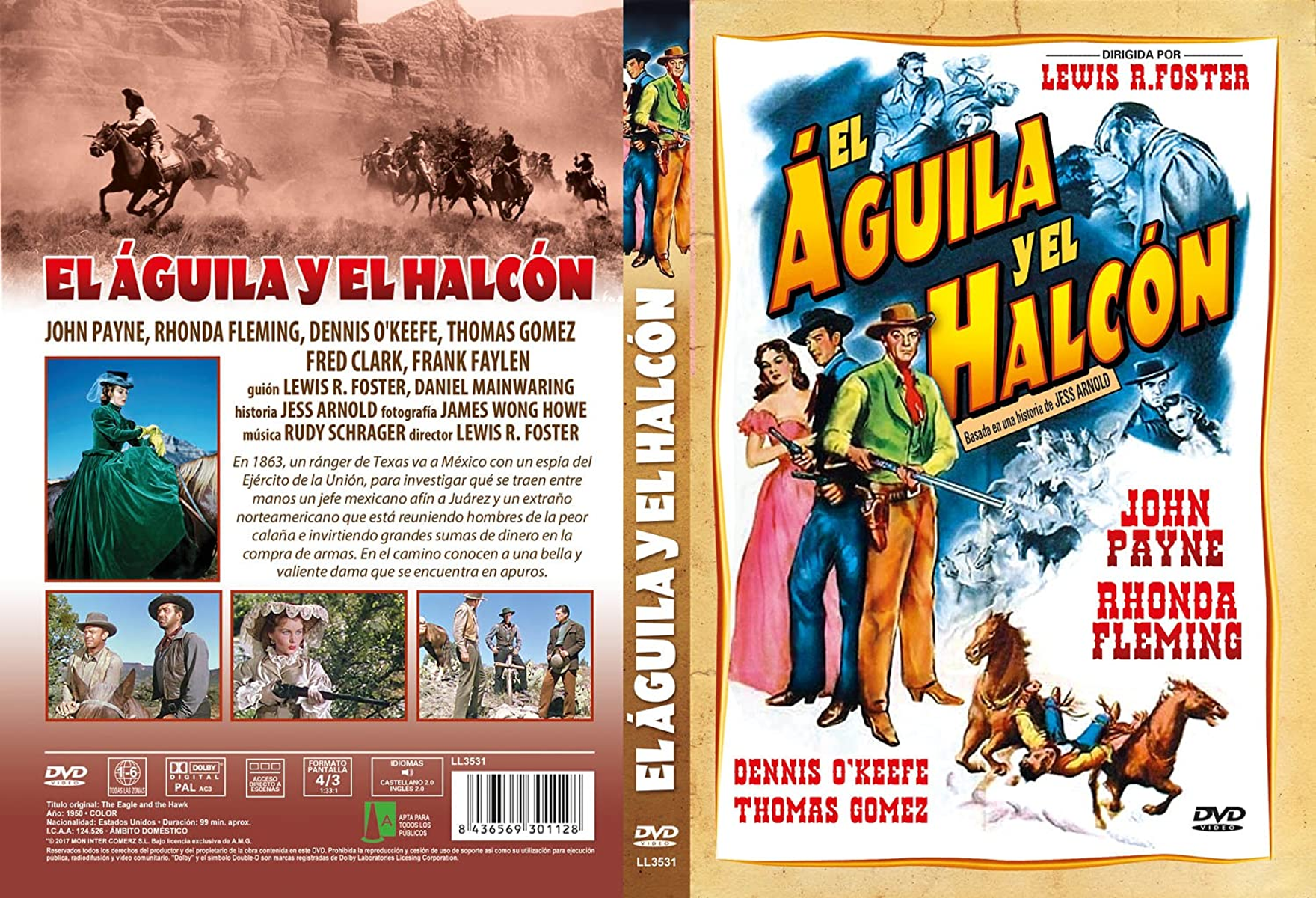 DVD El Aguila y el Halcon. Vaqueros, caballos, texto y título en la portada.