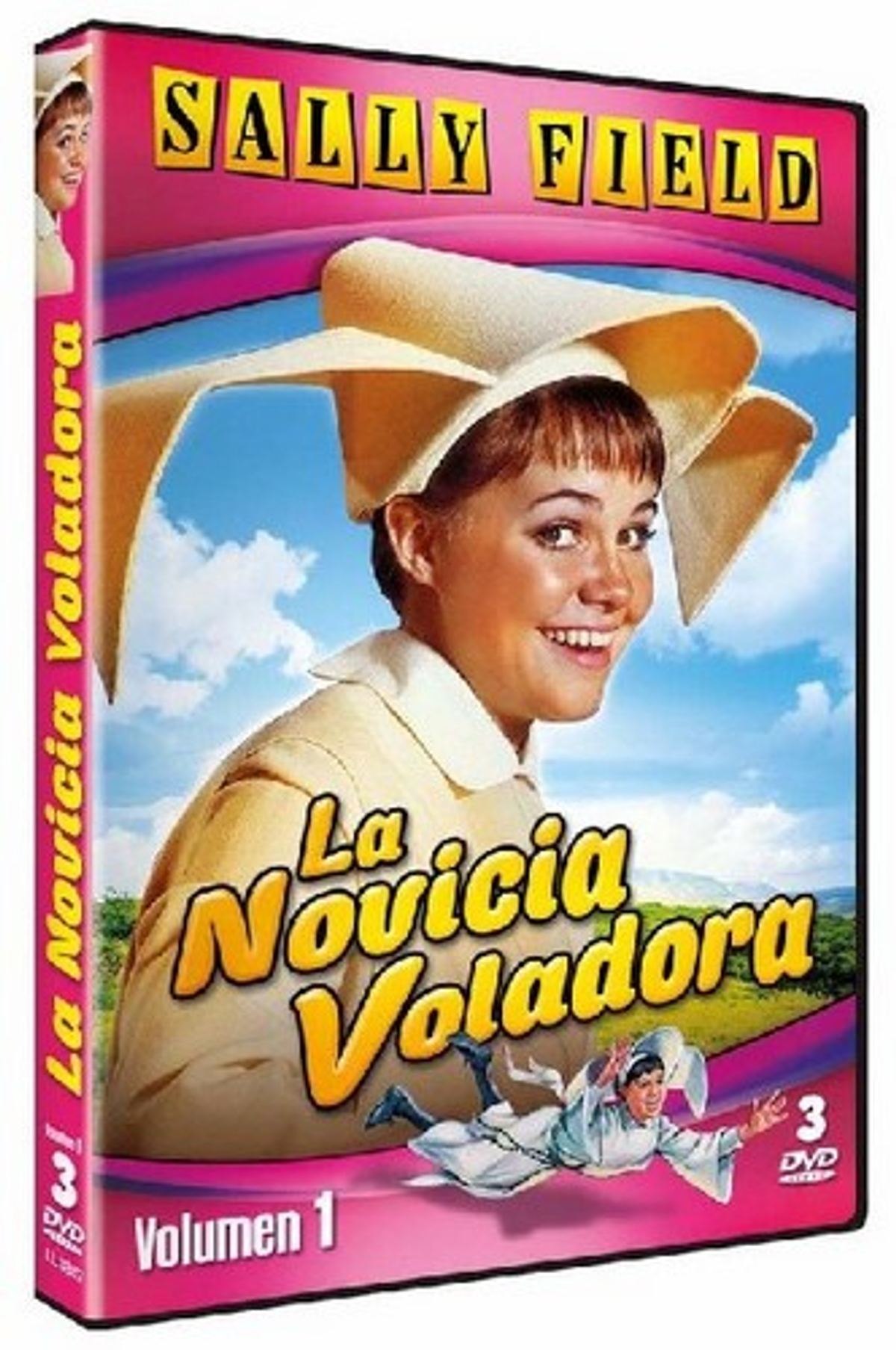 Carátula de DVD de 'La Novicia Voladora'. Presenta a una mujer con hábito de monja con texto sobre fondo rosa.