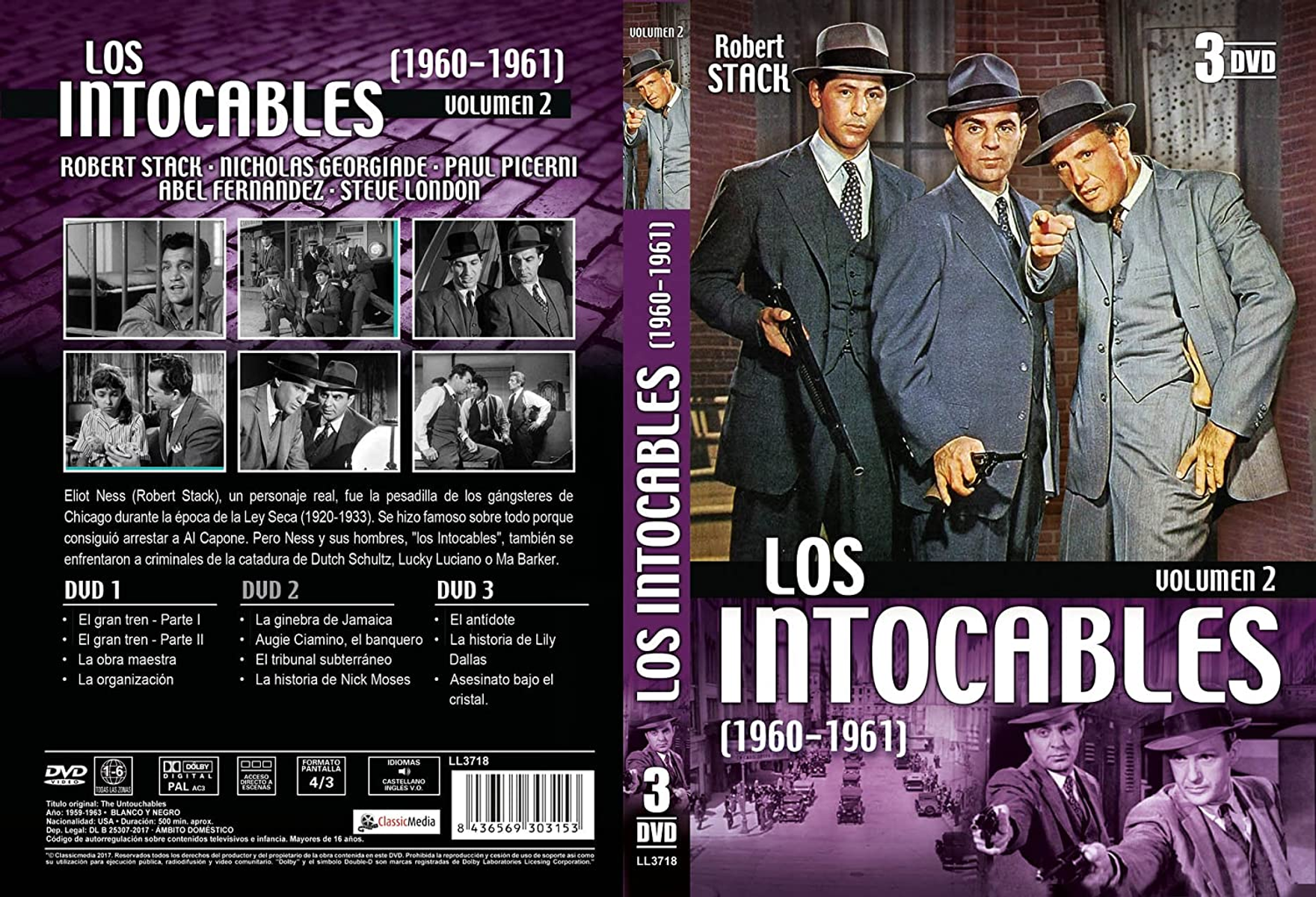 Portada de película. Hombres en trajes, imágenes en blanco y negro, un título y texto.