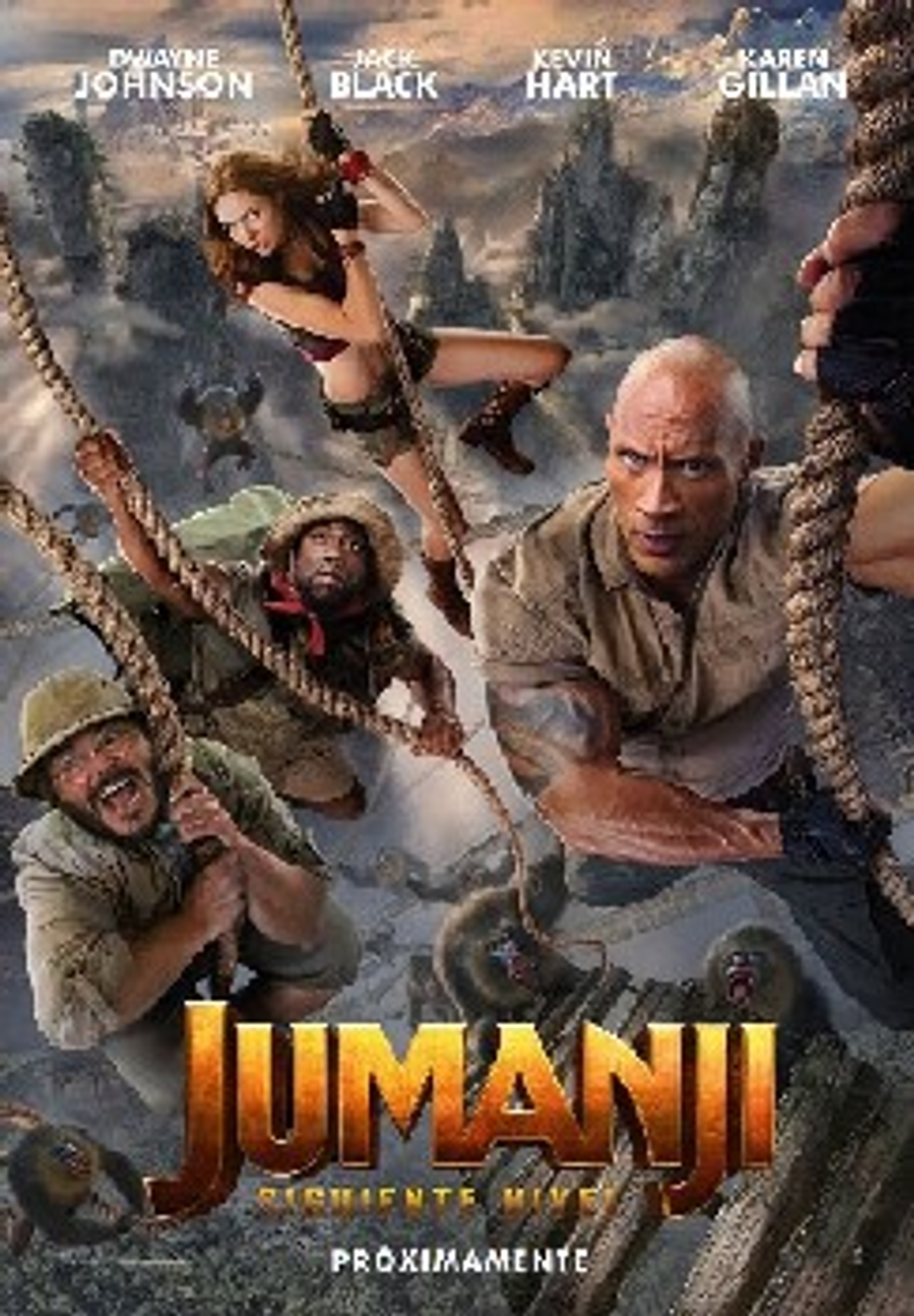 Portada de película: Gente en cuerdas en una jungla. Título: Jumanji.