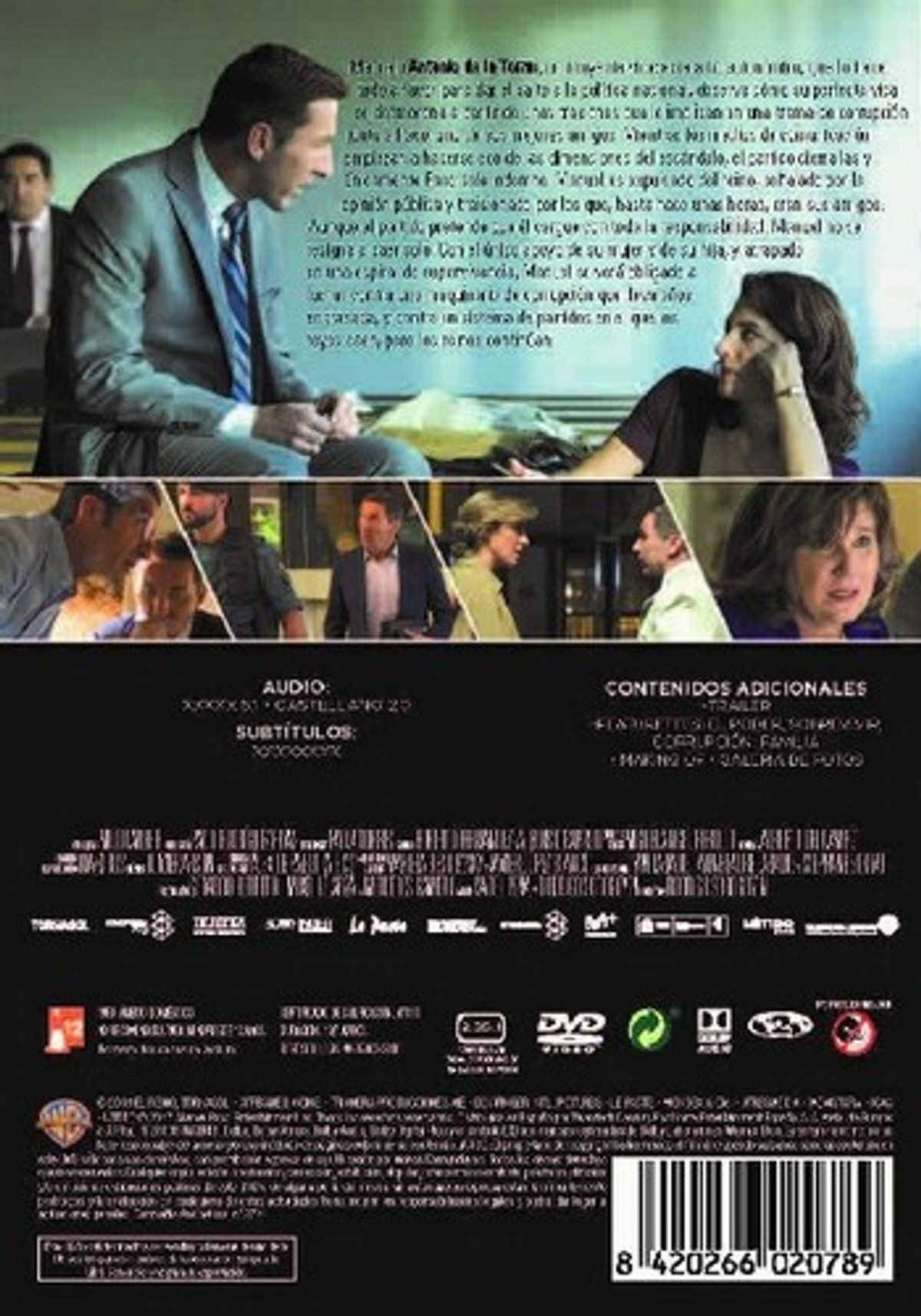Portada de DVD de película con dos personas en una reunión. El título y los nombres del elenco son visibles. Fondo oscuro.