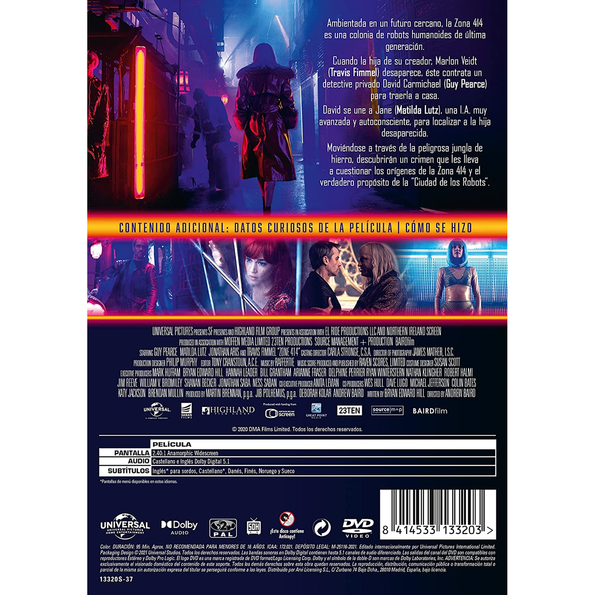 Portada de película con una persona con abrigo caminando en una ciudad futurista, con el título Zone 414.