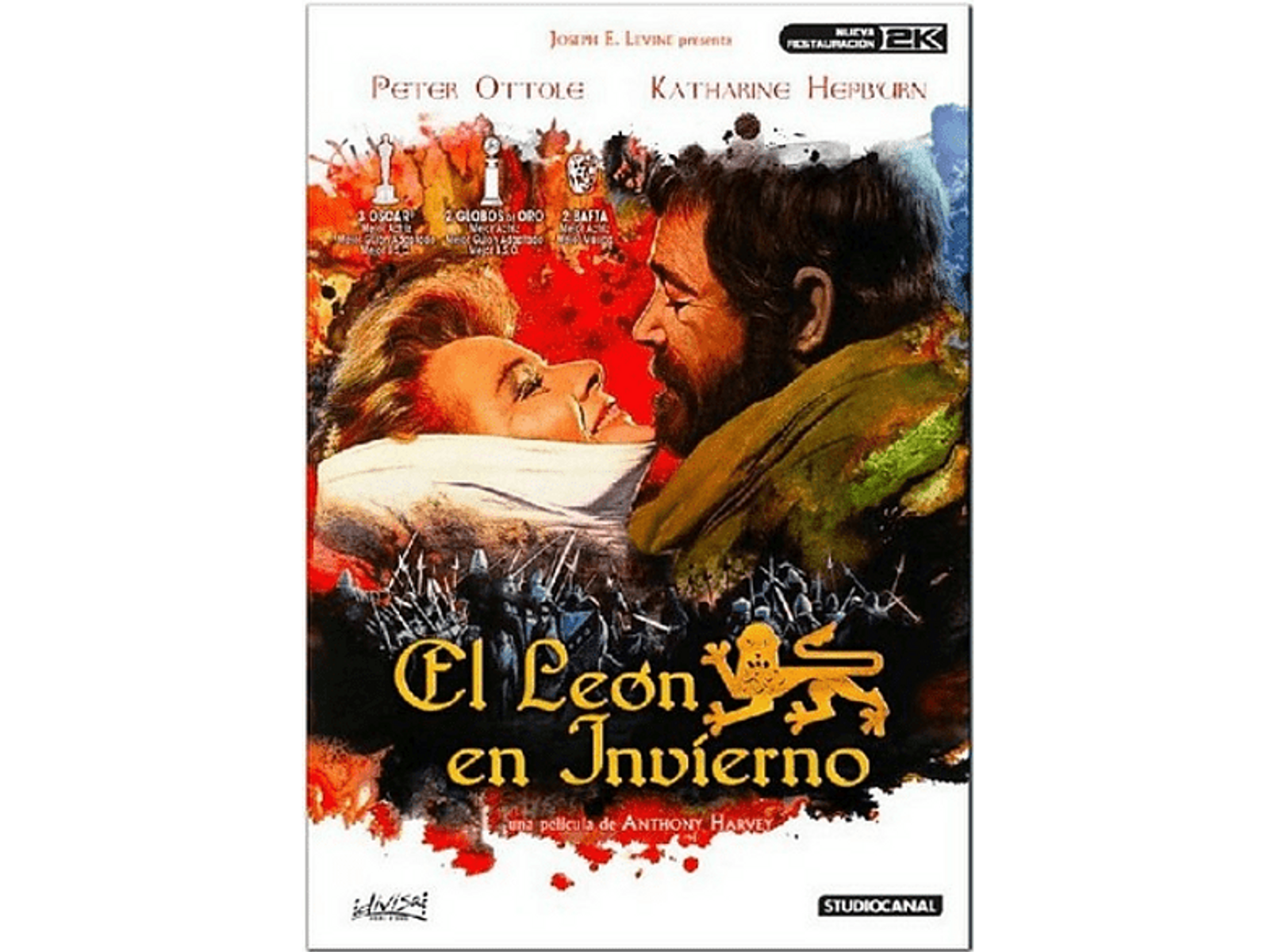 Cartel muestra a Peter O'Toole y Katharine Hepburn. El título es El León en Invierno, en español.