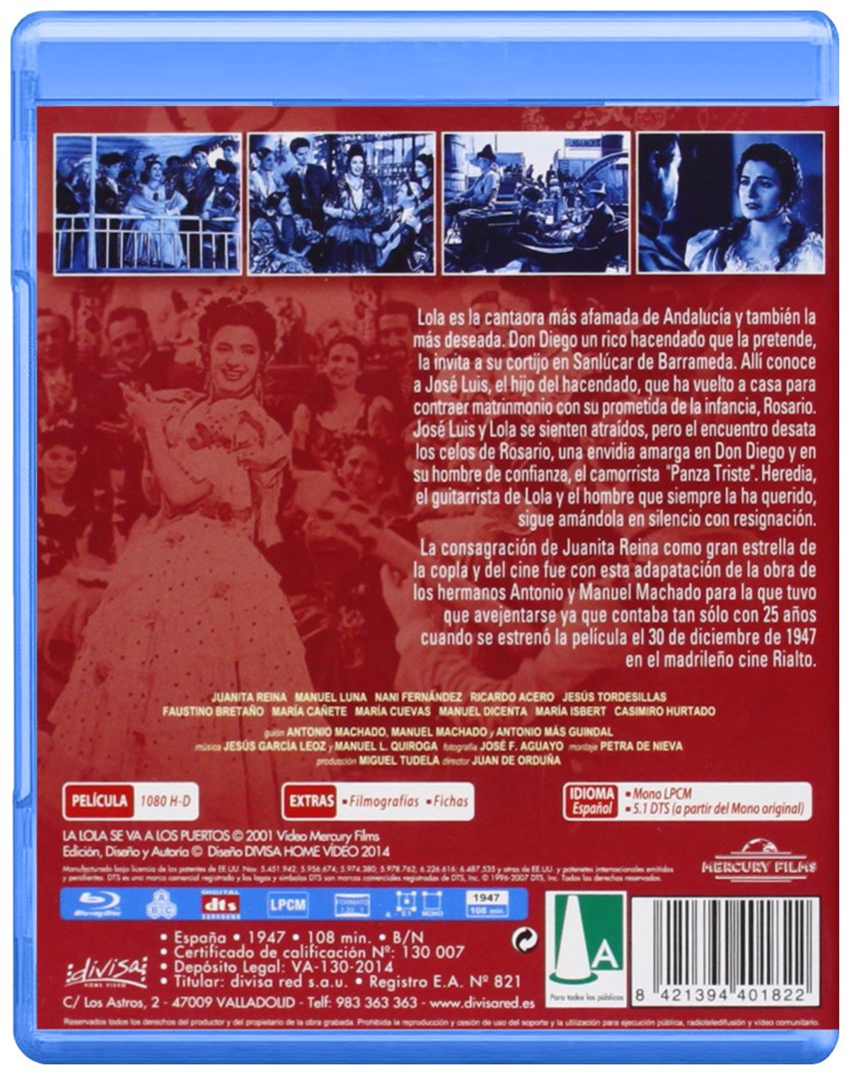 Contraportada de Blu-ray. Texto en español. Foto de una mujer con vestido blanco.