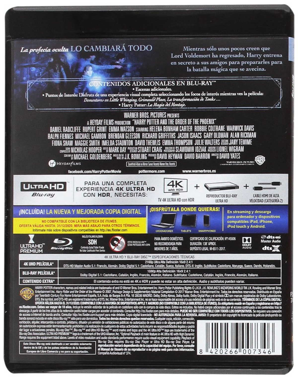 Parte trasera de una caja de película con texto y logotipos.