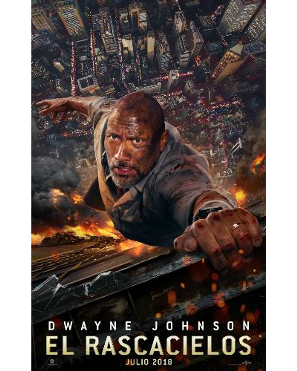 Portada de la película: Dwayne Johnson cayendo de un rascacielos. Título: 'Skyscraper'.