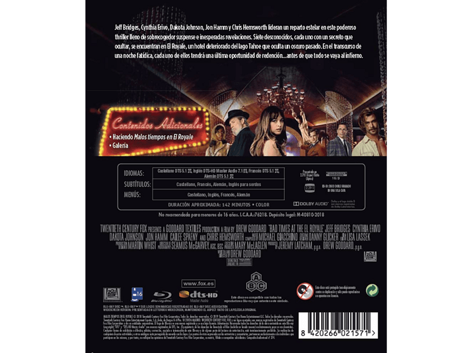 Funda de DVD de 'Bad Times at the El Royale' con actores, título y logotipos. Fondo oscuro con texto.