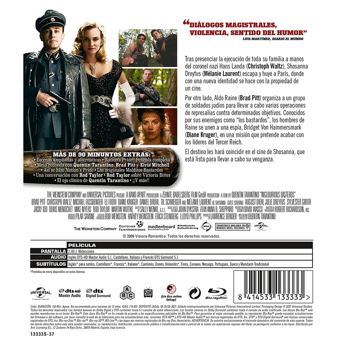 Contraportada de DVD de 'Malditos Bastardos', con texto e imágenes de la película.
