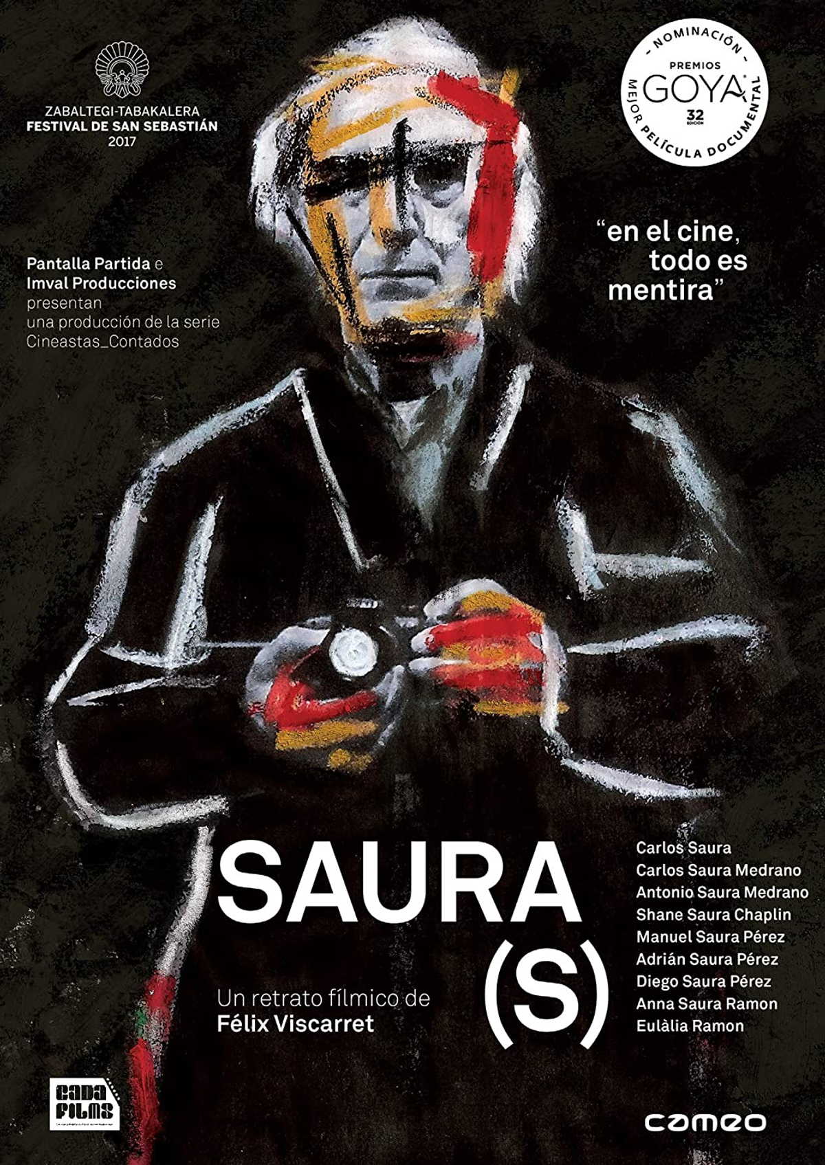 Póster de película, retrato pintado de un hombre con una cámara. Título: Saura(s).