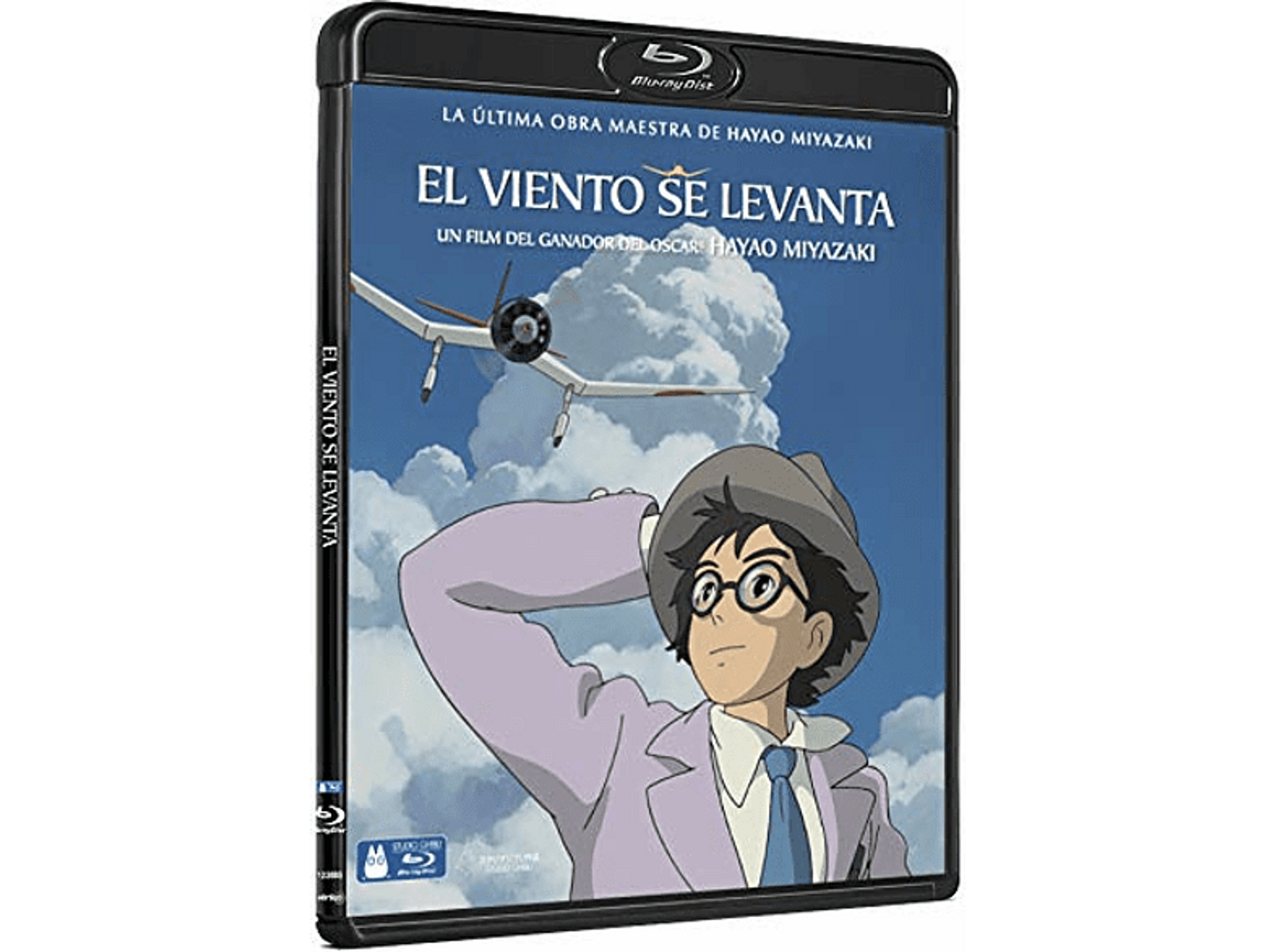 Portada de película de anime. Un hombre con gafas y sombrero mira hacia un avión en el cielo. Título: El viento se levanta.