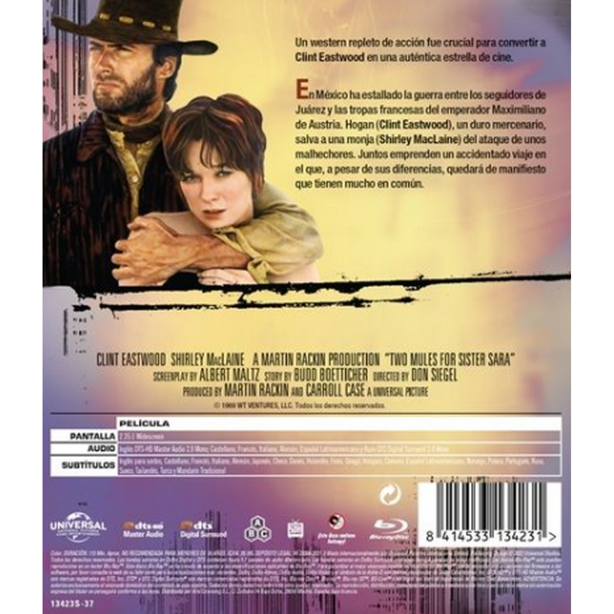 Contraportada de DVD: Dos mulas para la hermana Sara. Clint Eastwood y mujer. Texto y logotipos.