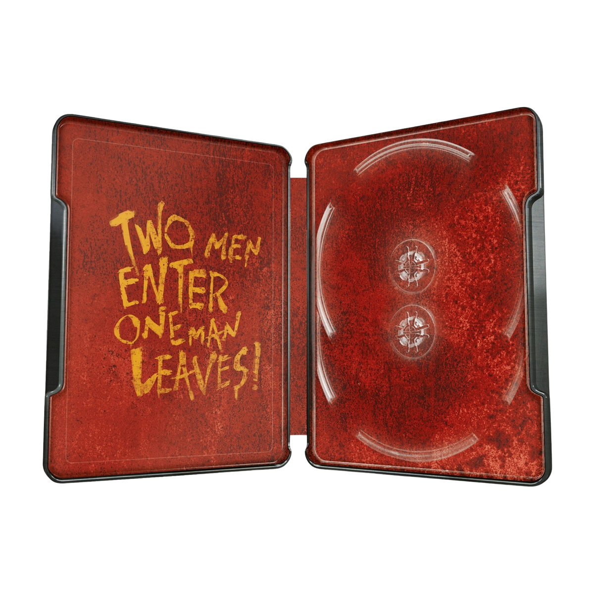 Funda de DVD abierta: interior rojo con texto amarillo, '¡Dos hombres entran, uno se va!'. Soporte de disco a la derecha.