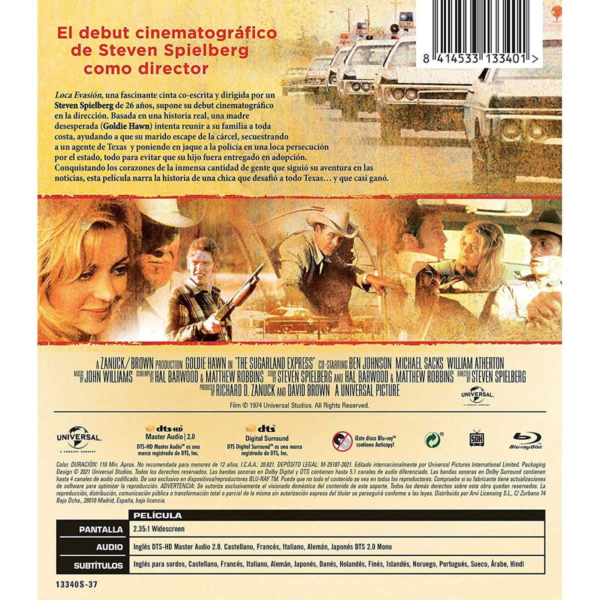 Portada de película con coches y un hombre con un arma, con el título The Sugarland Express.