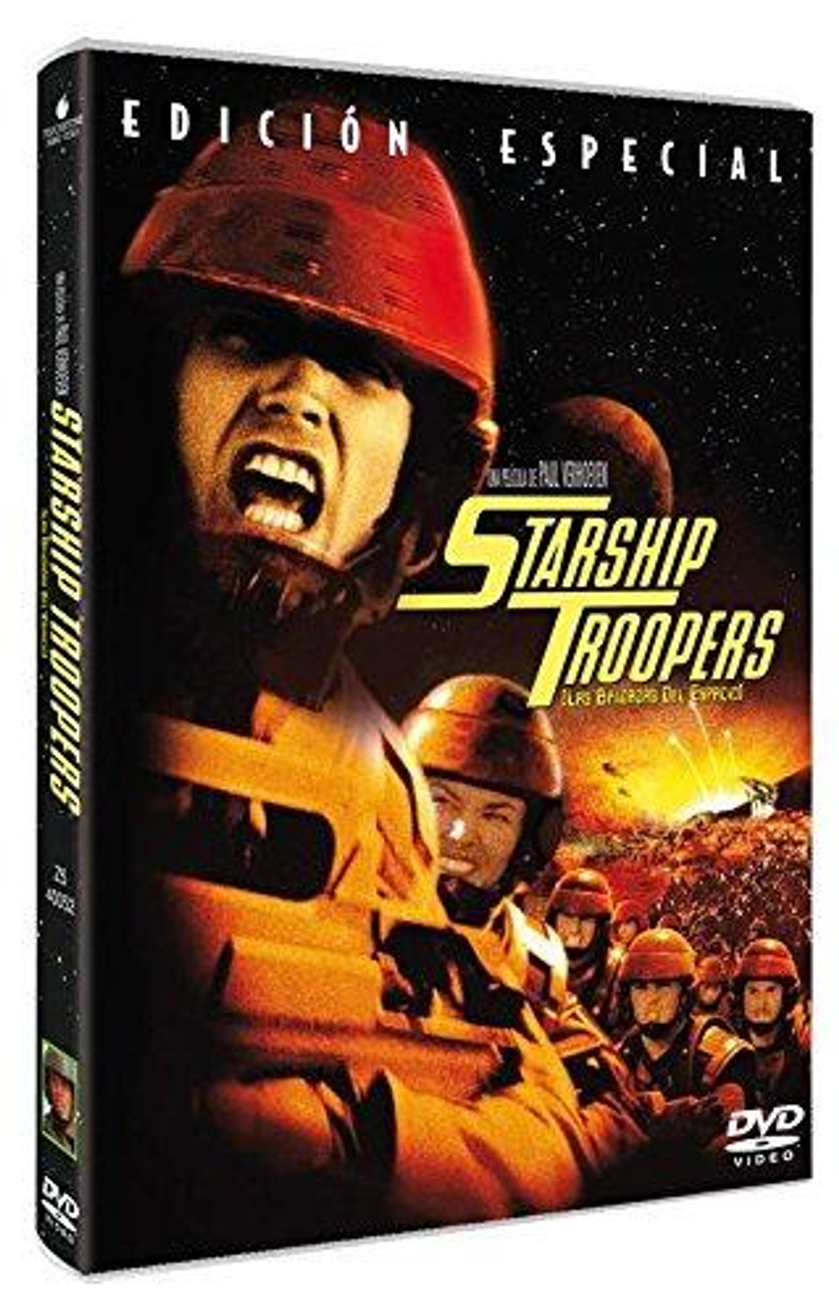 Portada de DVD de película. Gente con cascos, texto: Starship Troopers.