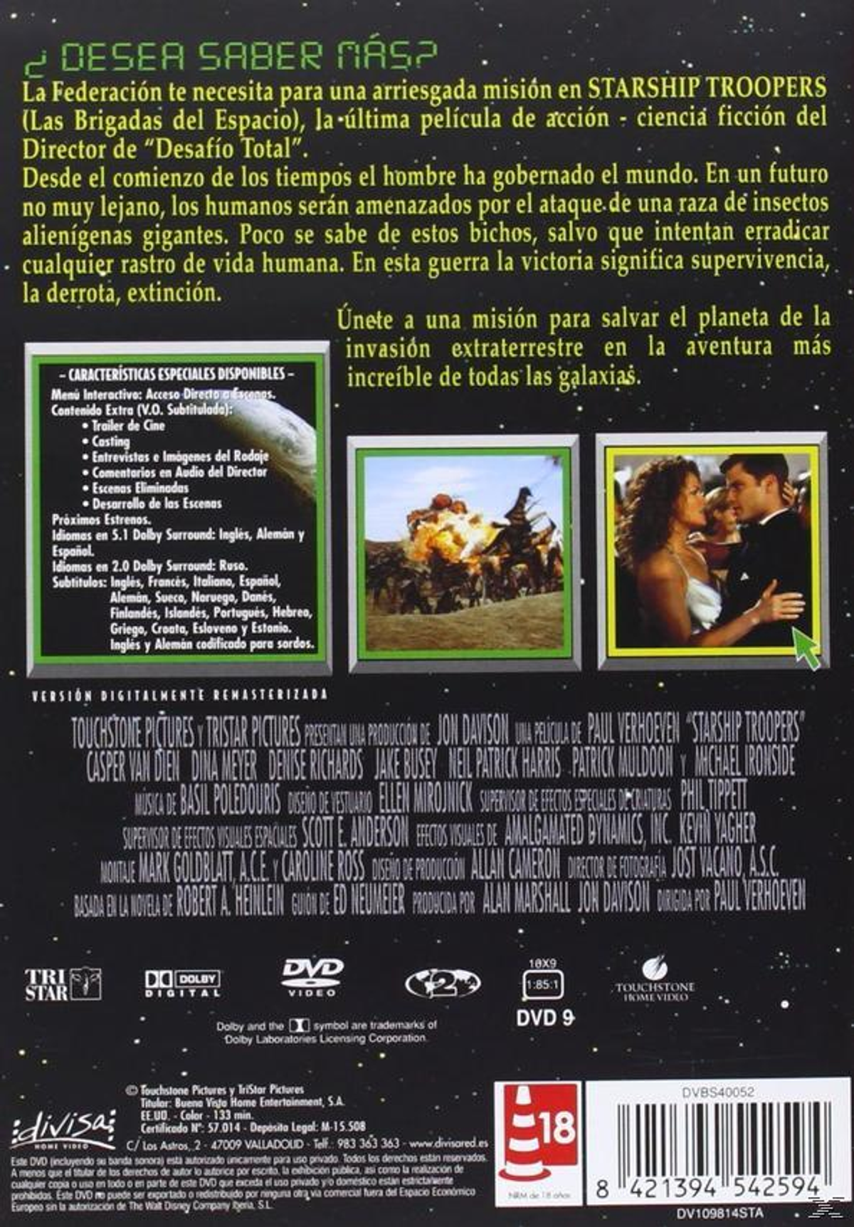 Contraportada de un DVD de Starship Troopers en español, con imágenes de la película.