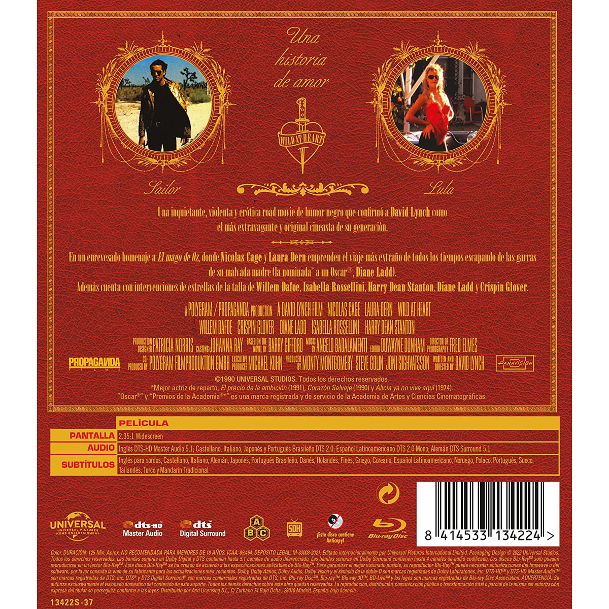 Contraportada de DVD con texto. Dos personas de pie. Título de la película, actores y créditos presentes.