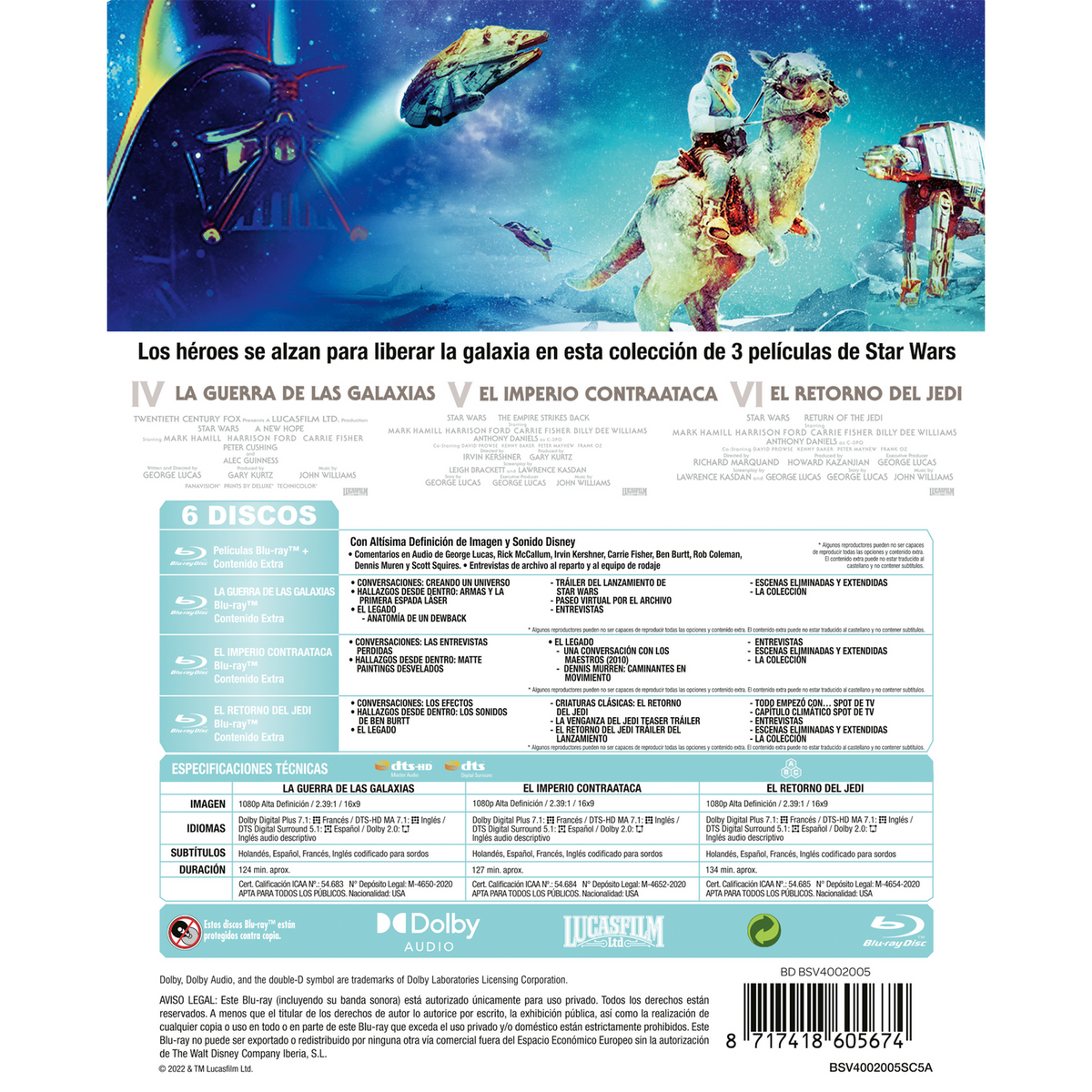 Caja de Blu-ray con películas de Star Wars. Se muestran múltiples discos con portadas de películas.