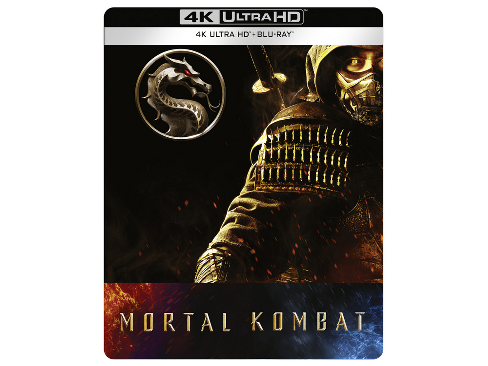 Portada de la película 'Mortal Kombat'. Un guerrero con armadura con un símbolo de dragón. El título está en letras doradas.