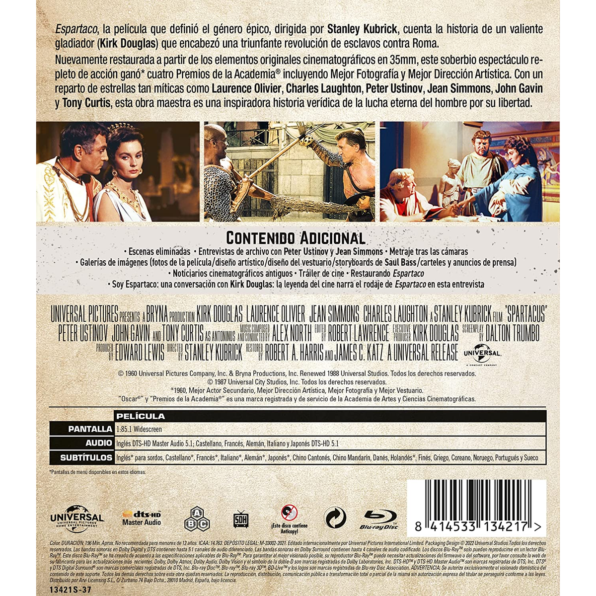 Contraportada de DVD con texto en español. Se muestran actores. Un hombre sostiene una espada. El fondo es blanco.